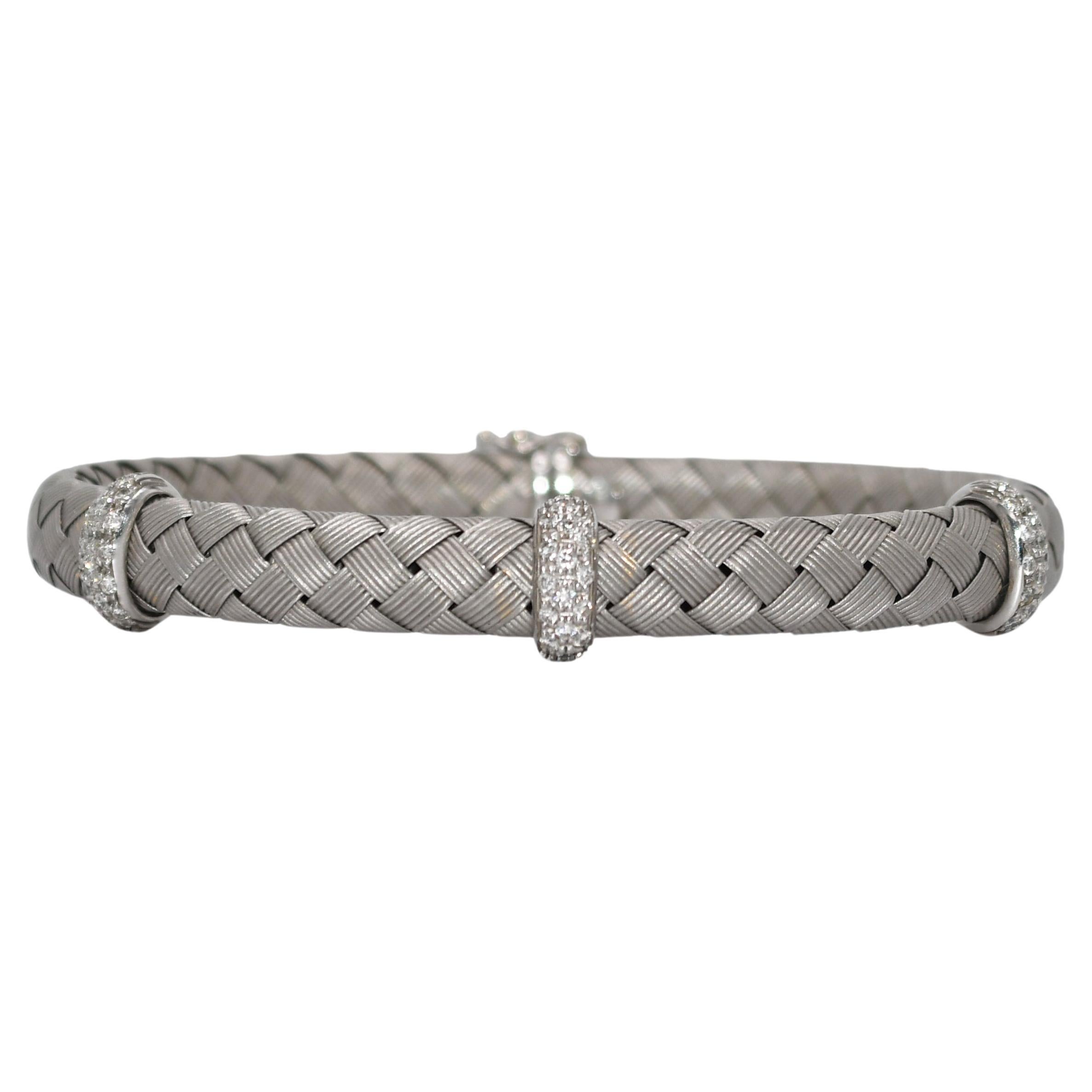 18K White Gold Woven Bracelet with Diamonds and Clasps 26.4g For Sale