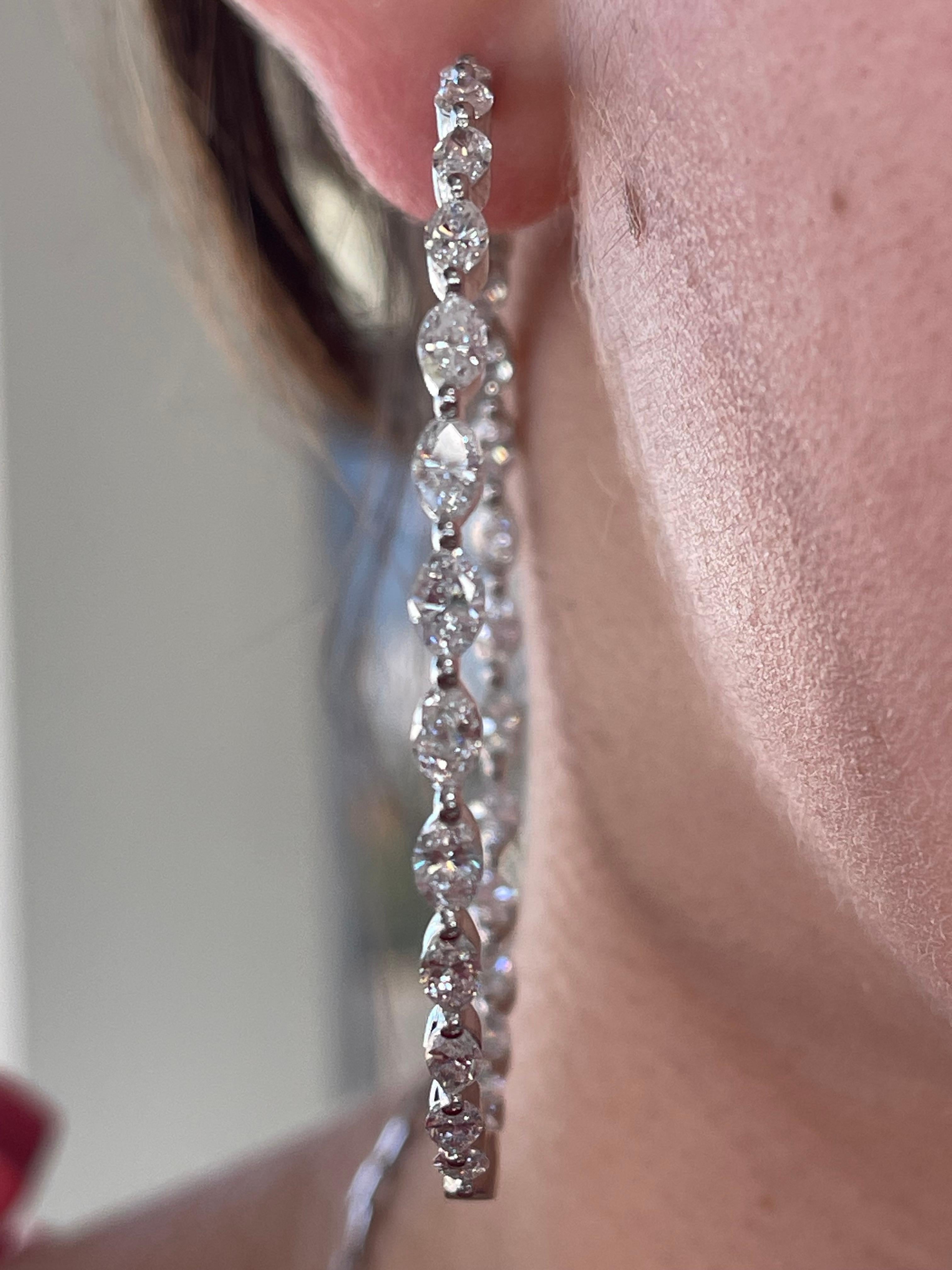 Women's 18K White Gold X/Large 7.46 CTW Diamond Marquise Hoop Earrings For Sale