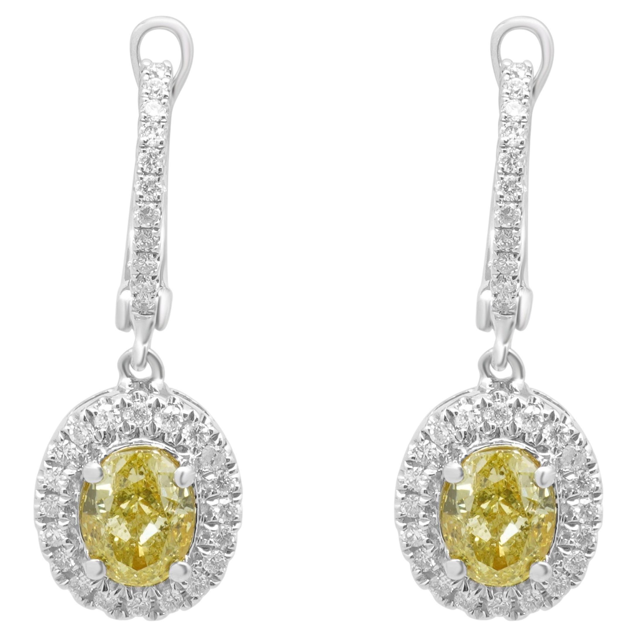 18K White Gold Yellow and White Diamond Halo Drop Earrings