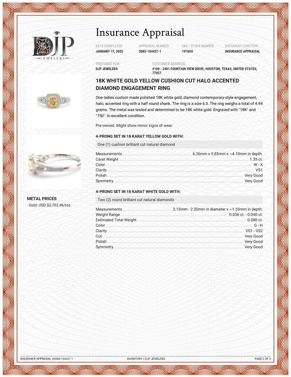 Verlobungsring aus 18 Karat Weißgold mit gelbem Diamanten im Kissenschliff und akzentuiertem Diamanten 5