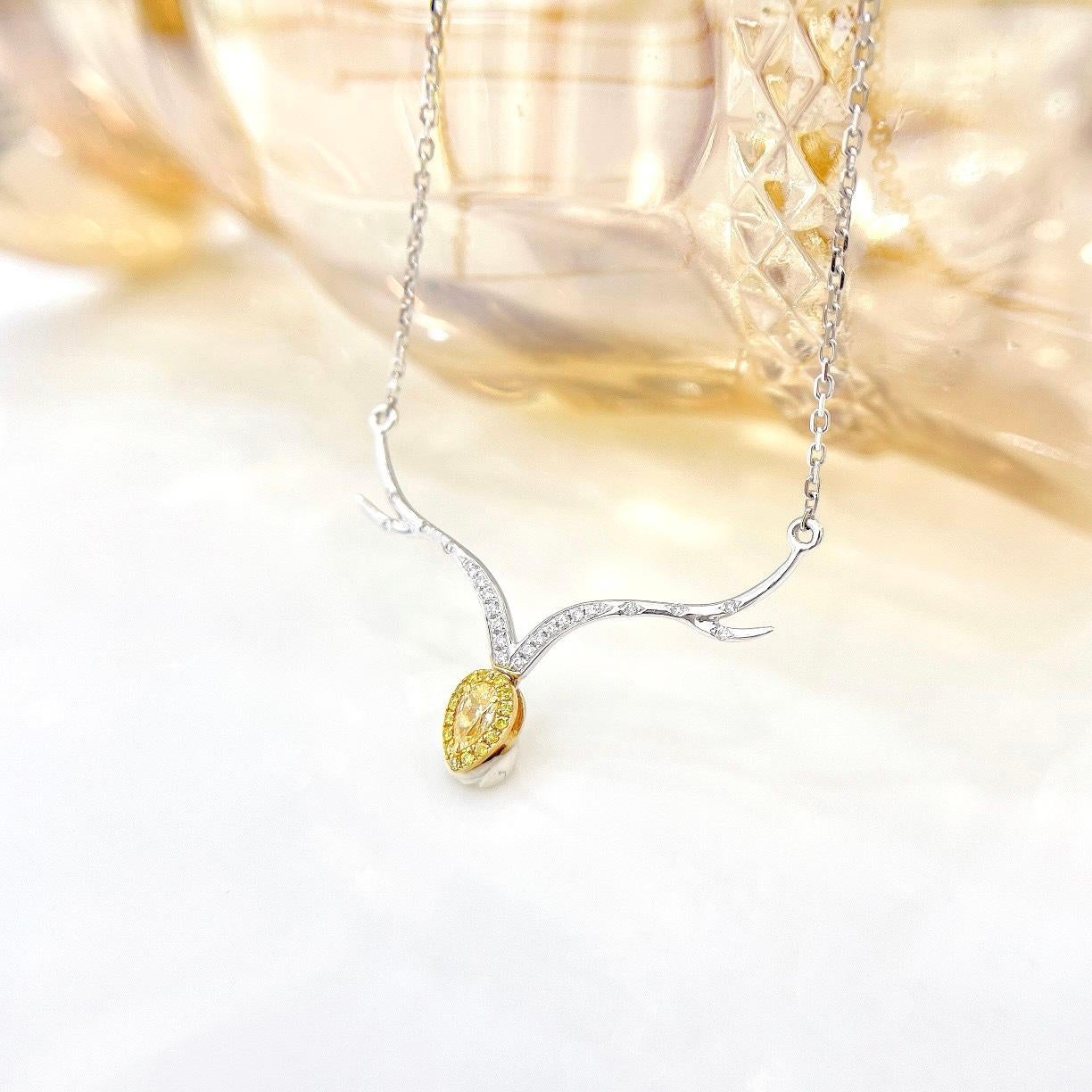 Oval Cut 18k White Gold Yellow Diamond Antlers Pendant Necklace with Diamonds For Sale