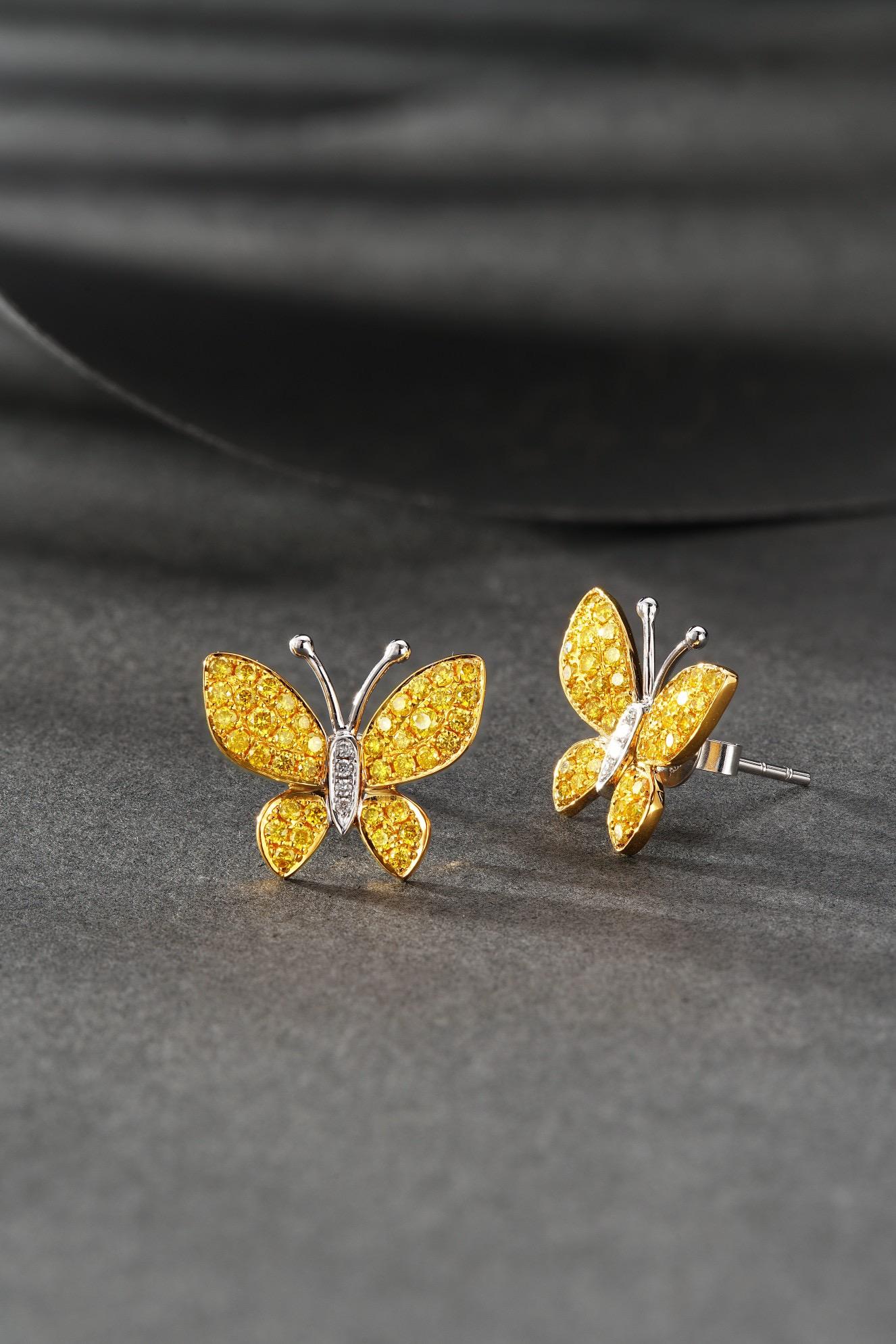 Moderne Boucles d'oreilles en or blanc 18K et diamant jaune en vente
