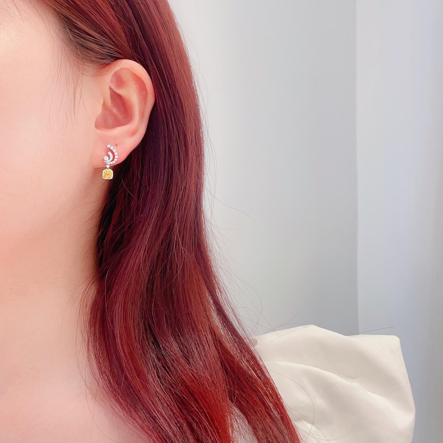 Cushion Cut 18K White Gold Yellow Diamond Earrings For Sale