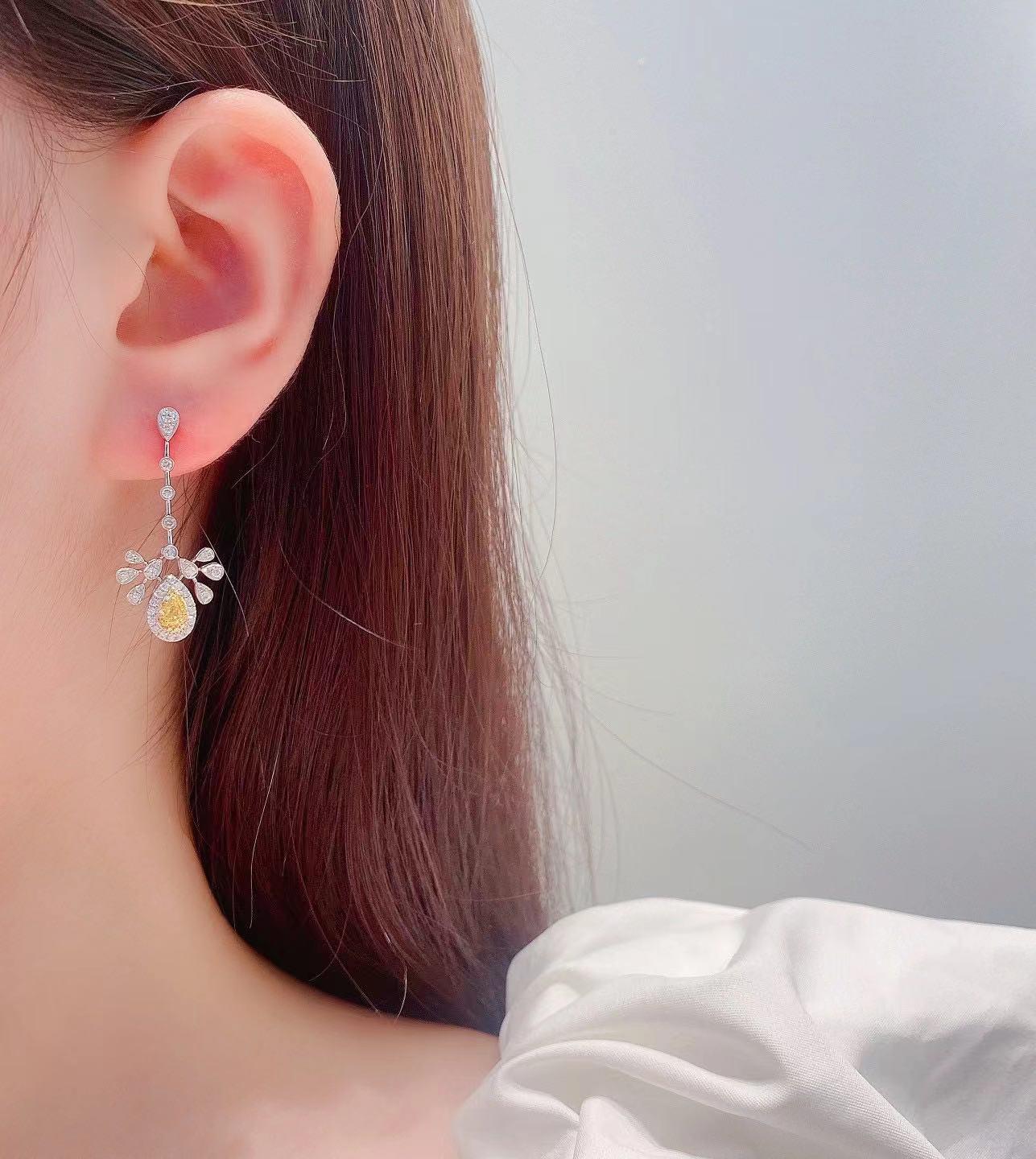 Women's or Men's 18K White Gold Yellow Diamond Earrings For Sale
