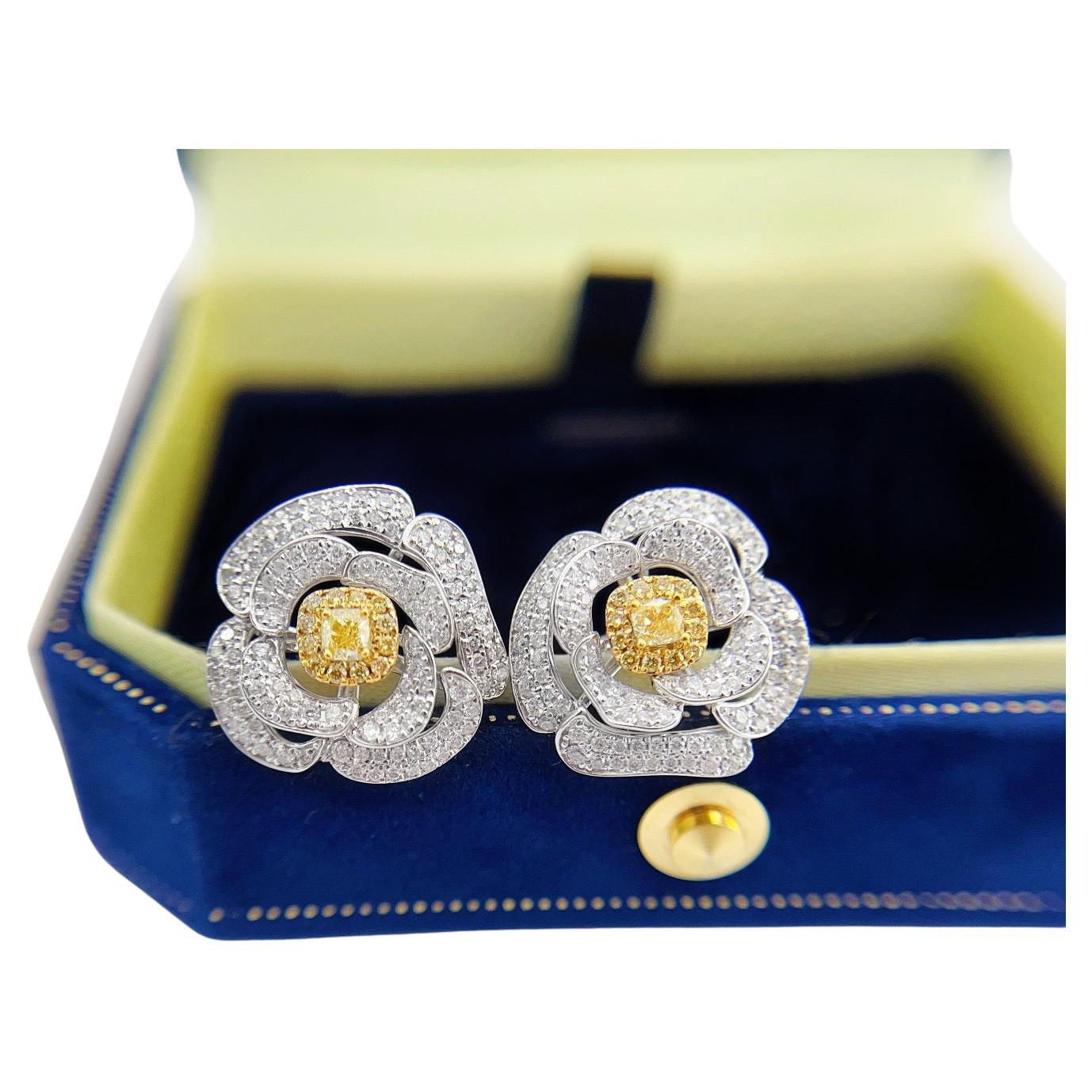 18K White Gold Yellow Diamond Earrings For Sale