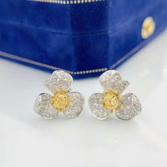 18K White Gold Yellow Diamond Flower Stud Earrings with Diamonds
