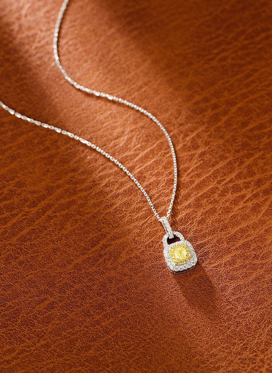 Cushion Cut 18K White Gold Yellow Diamond Lock Necklace For Sale
