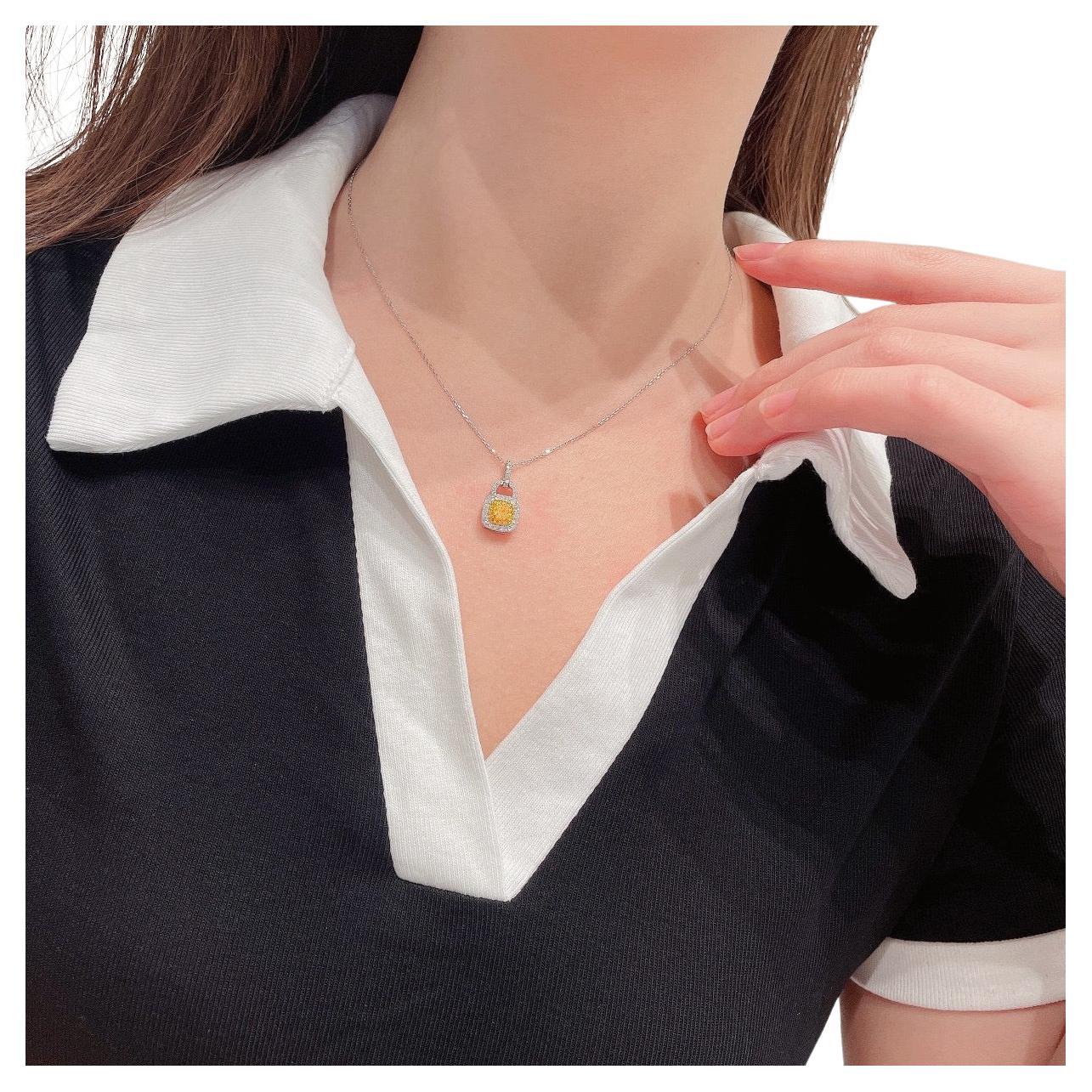 18K White Gold Yellow Diamond Lock Necklace