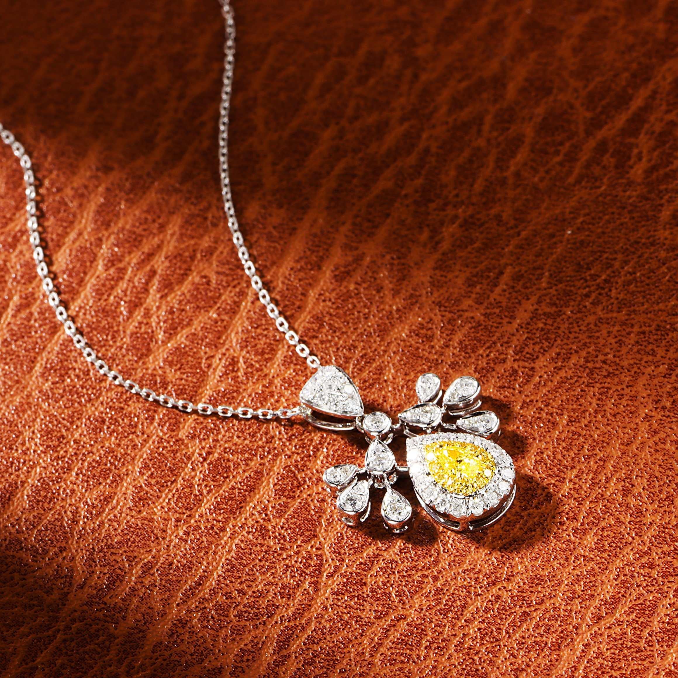 Pear Cut 18K White Gold Yellow Diamond Necklace For Sale