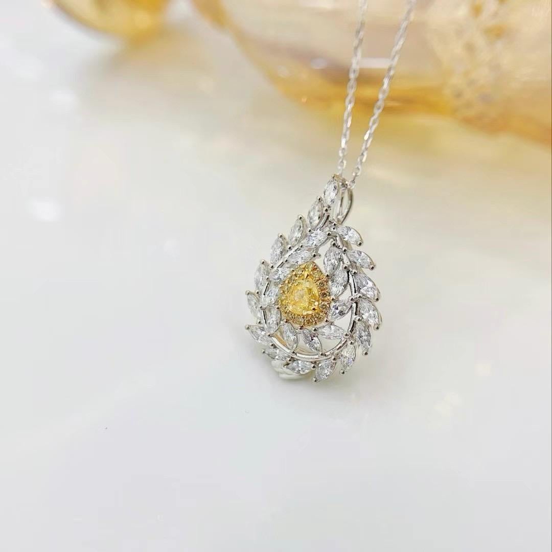 Pear Cut 18K White Gold Yellow Diamond Olive Leaf Pendant Necklace For Sale