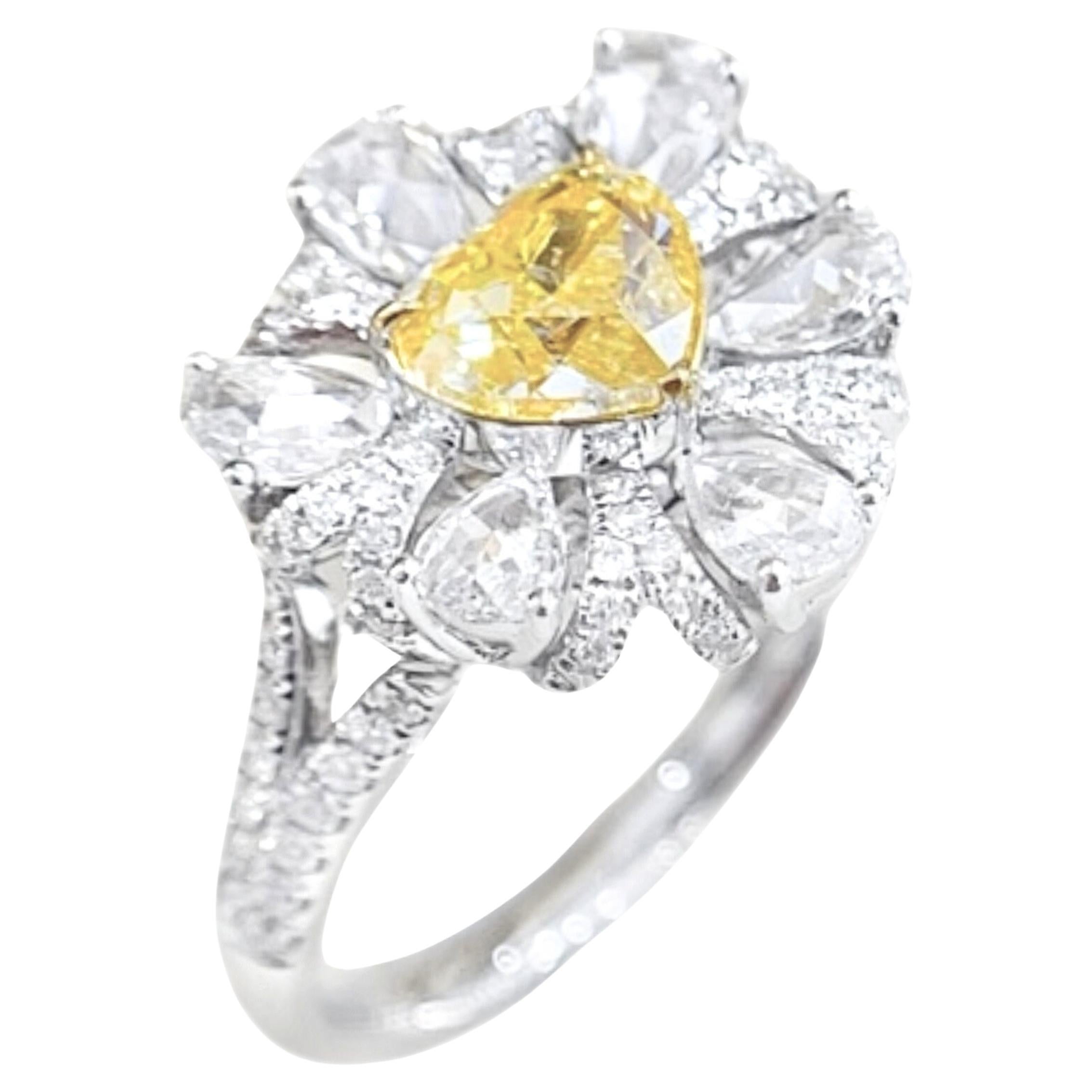 18K White Gold Yellow Diamond & Rose Cut Diamond Cocktail Ring