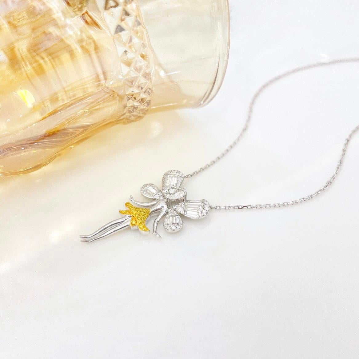18 Karat Weißgold Gelber Diamant & Diamant & Diamant im Rosenschliff Diamant Tänzerin-Anhänger Halskette für Damen oder Herren im Angebot