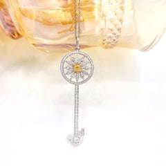 18K White Gold Yellow Diamond Sunflower Key Pendant Necklace