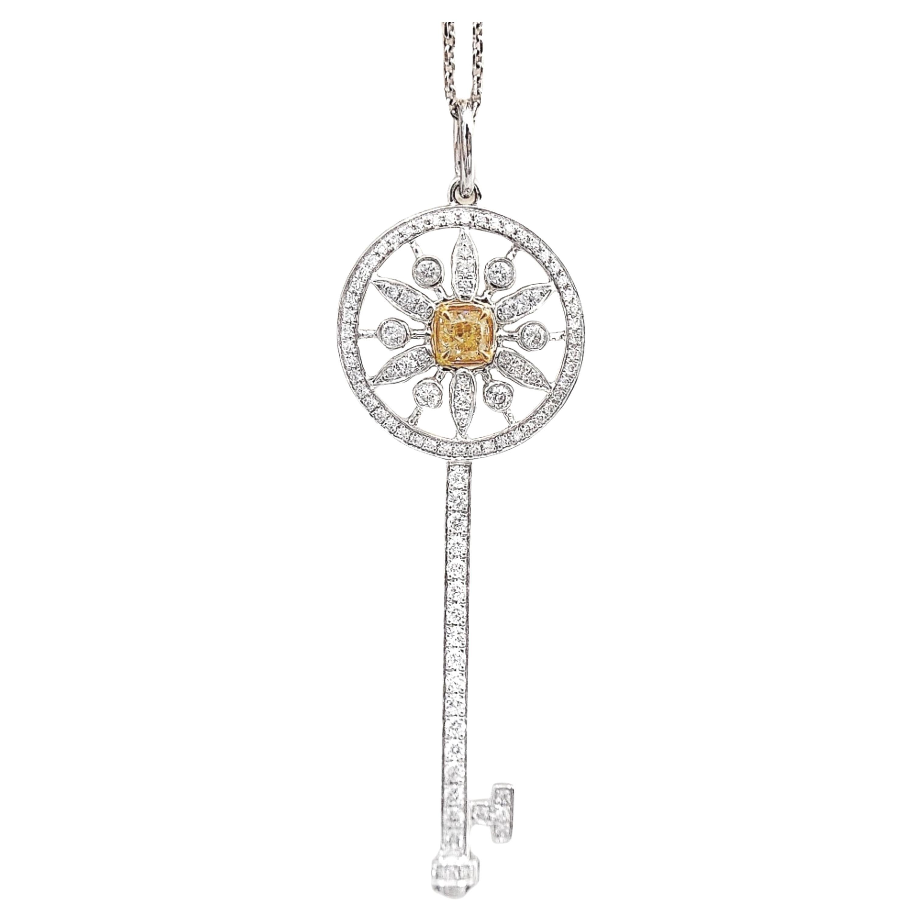 18K White Gold Yellow Diamond Sunflower Key Pendant Necklace