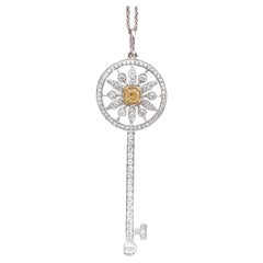 18K White Gold Yellow Diamond Sunflower Key Pendant Necklace