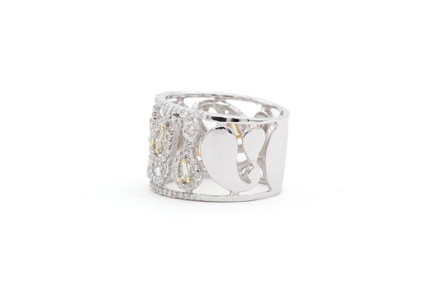 Tapered Baguette 18K White Gold Yellow Gold & Diamond Lattice Cocktail Ring 1.50ctw For Sale