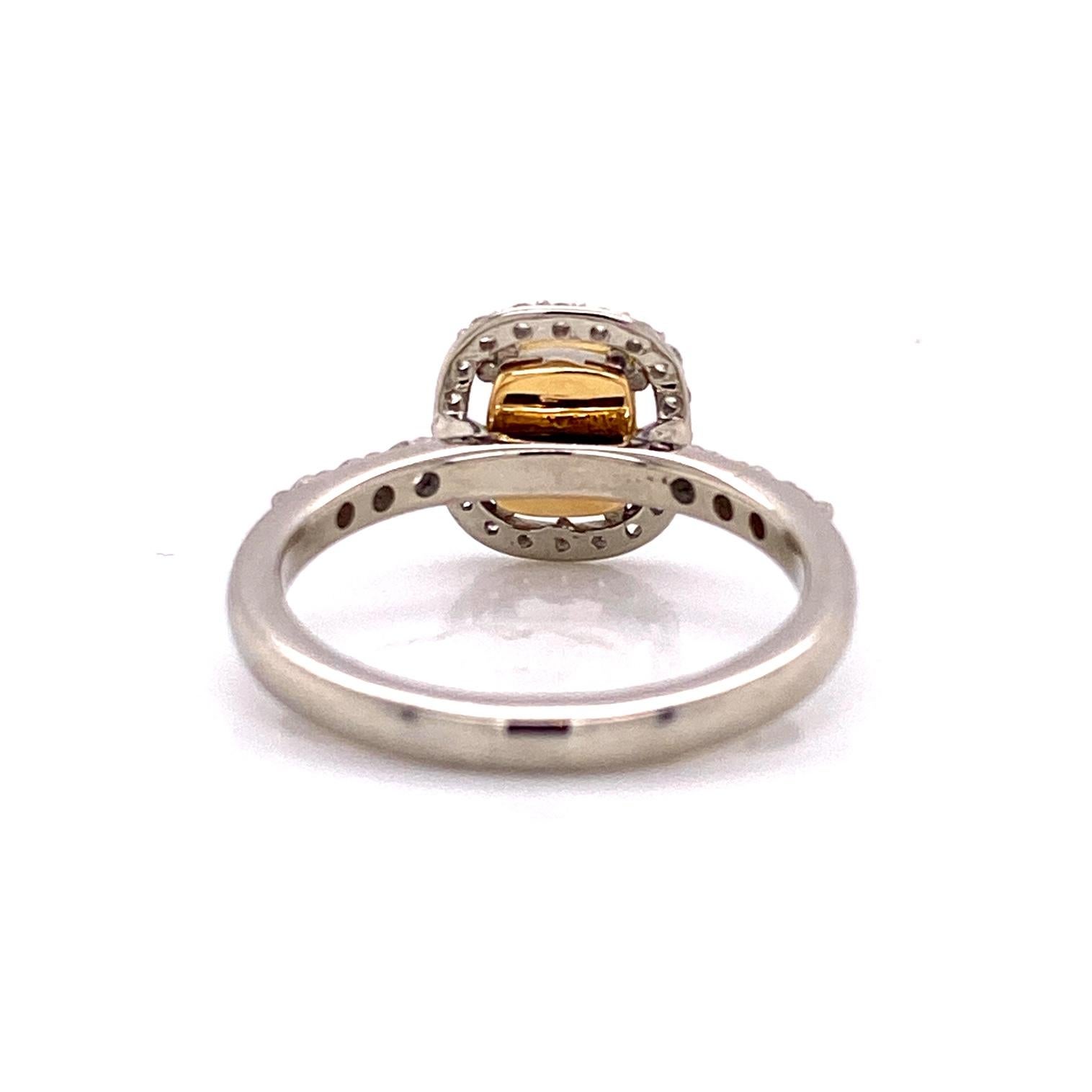 Contemporary 18 Karat White Gold Yellow Rose Cut Diamond Ring with White Diamond Halo For Sale
