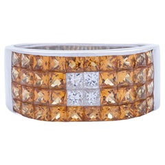 18k White Gold Yellow Sapphire & Diamond Channel Inlaid Cluster Band Ring