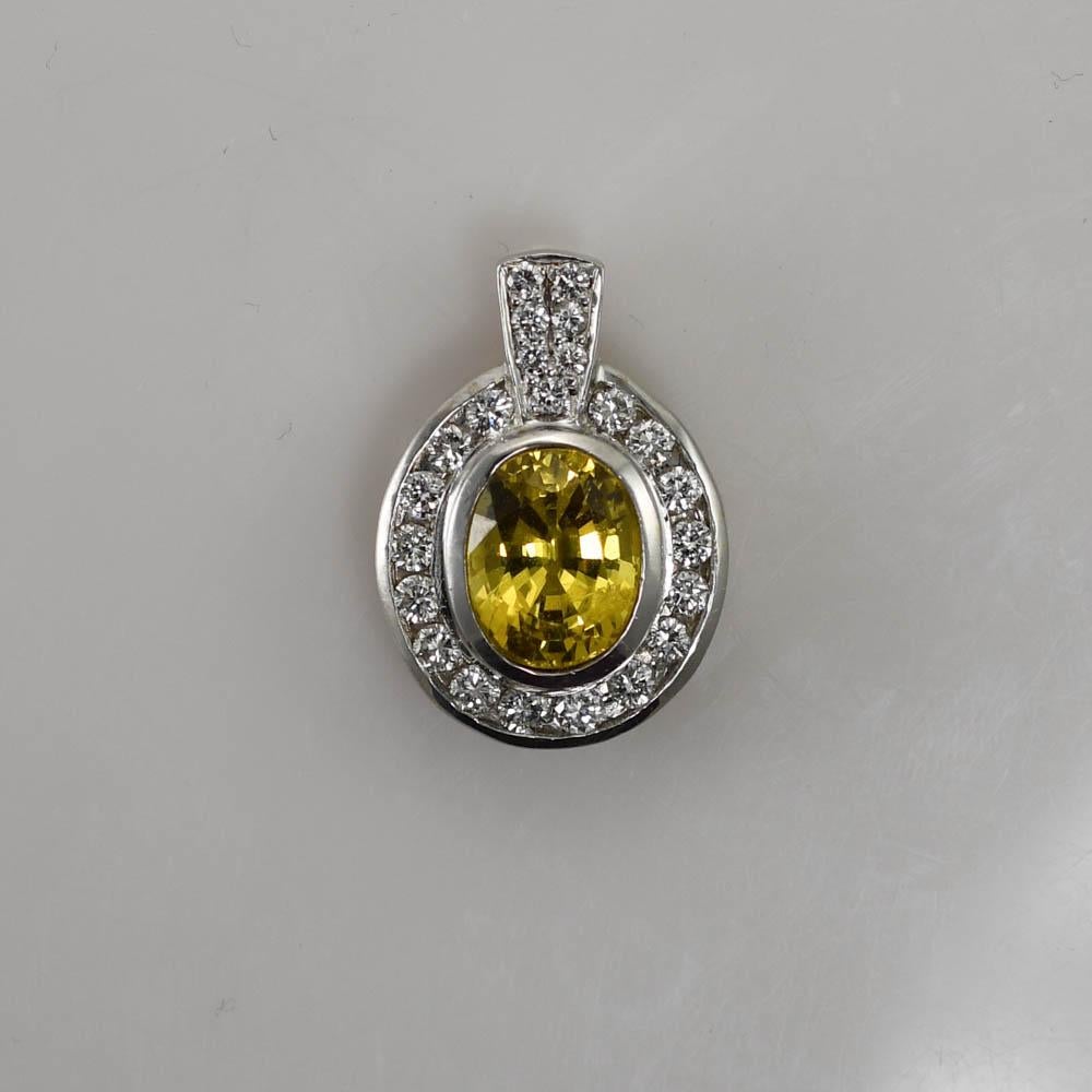 Oval Cut 18K White Gold Yellow Sapphire & Diamond Pendant, 6.9g For Sale