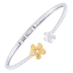 18K White Gold Yellow & White Diamond Double Flower Hinged Cuff Bangle Bracelet