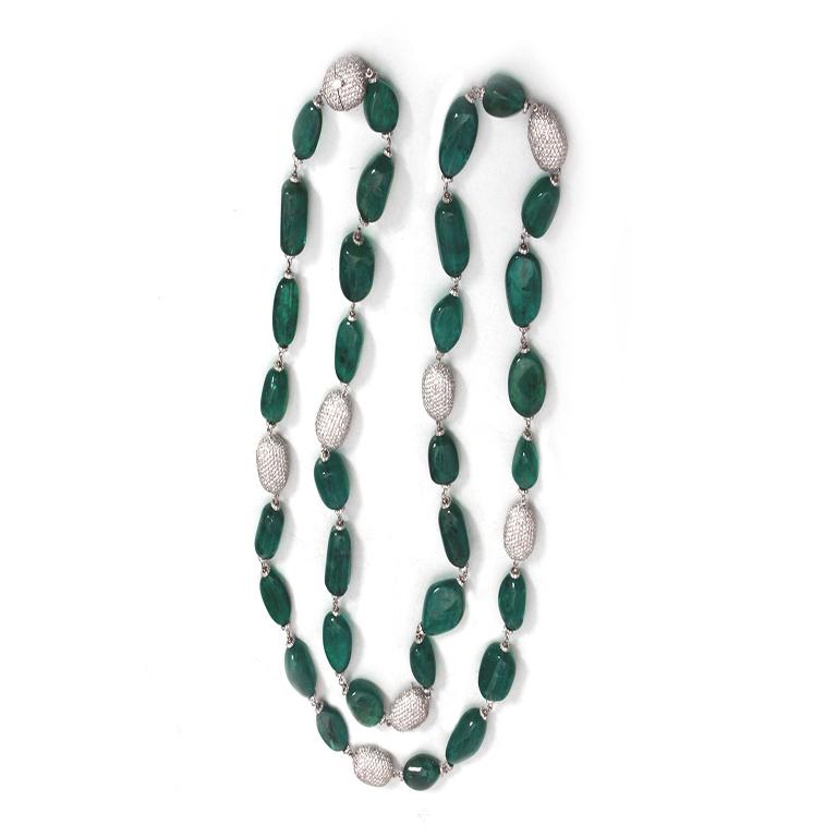 Modern 18K White Gold Zambian Emerald and Diamond Necklace For Sale