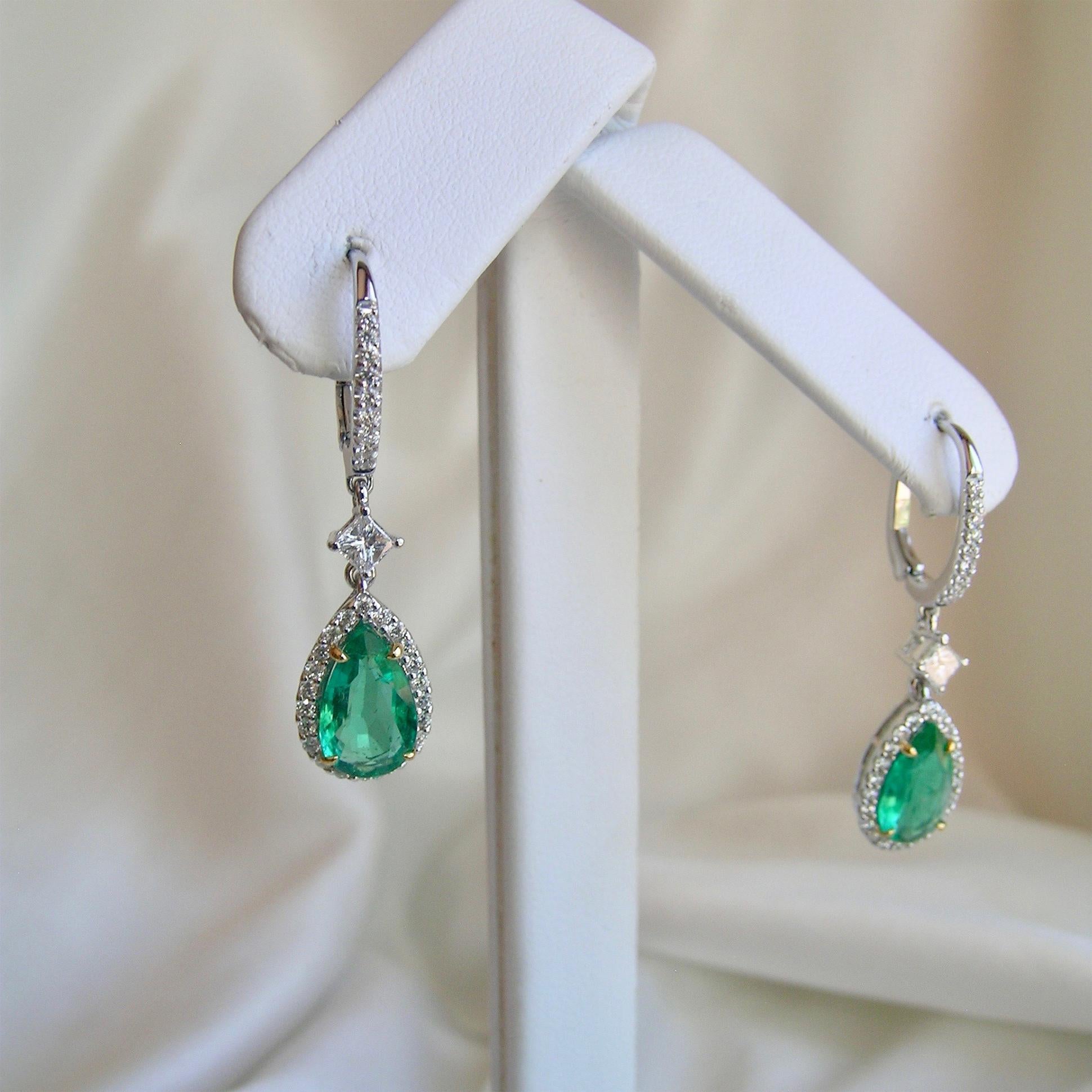 Beautiful!  2.74cts of clean, Zambian Emeralds & 0.46cts Diamonds are set into these elegant earrings.  Clean Emeralds are usually very expensive, these are a Covid 19 special price.  Easily worn to any event, day or night.
Wearable luxury is the