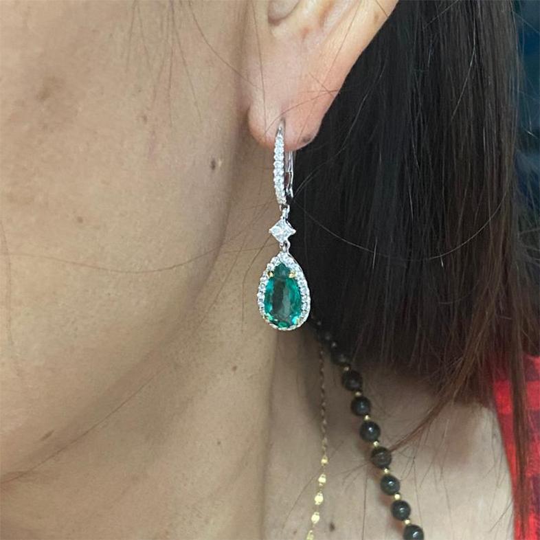 Modern 18k White Gold, Zambian Emerald & Diamond Earrings For Sale