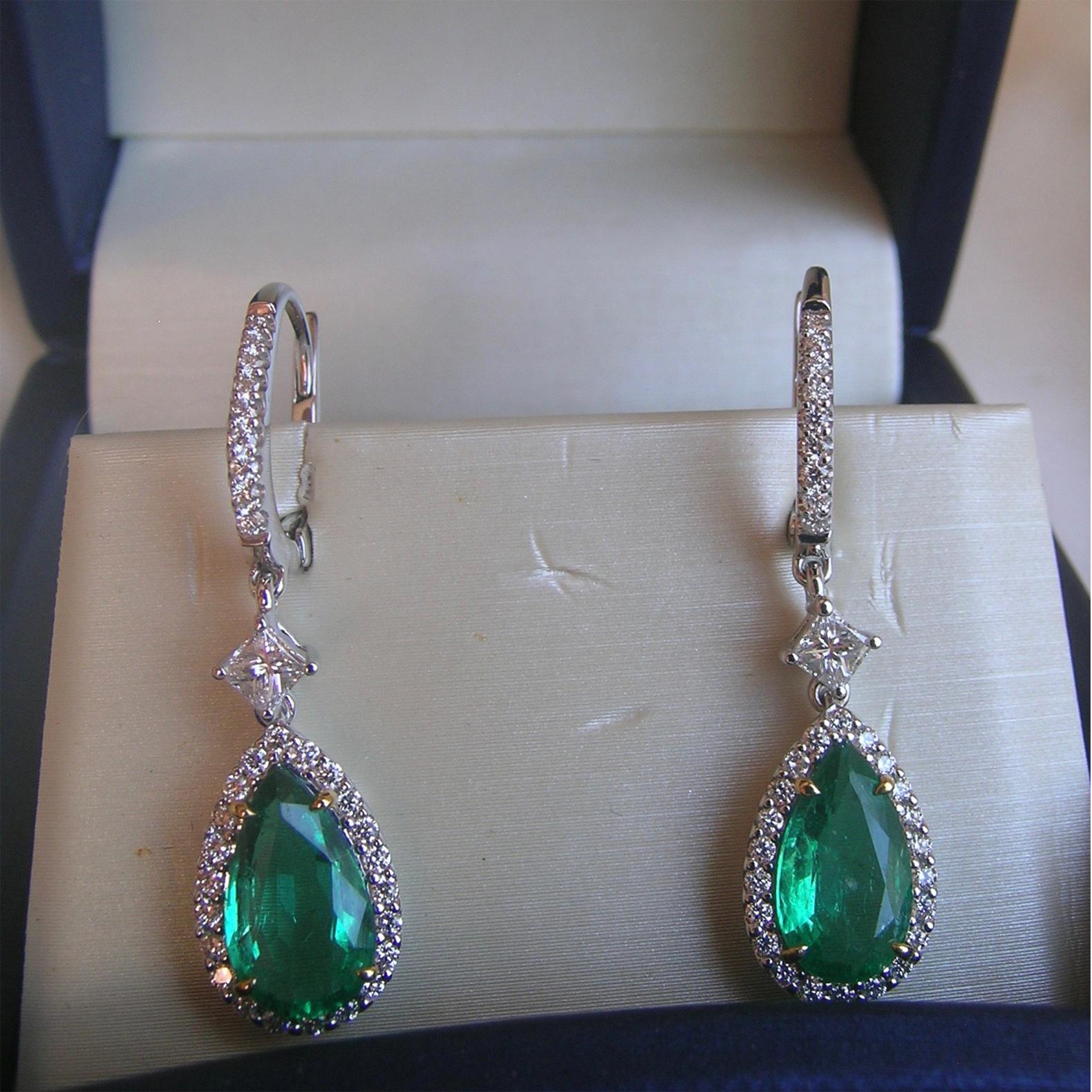 Emerald Cut 18k White Gold, Zambian Emerald & Diamond Earrings For Sale