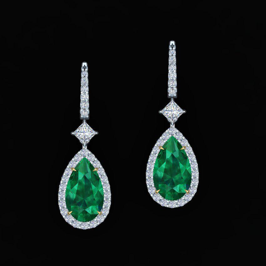 18k White Gold, Zambian Emerald & Diamond Earrings In New Condition For Sale In Eugene, OR