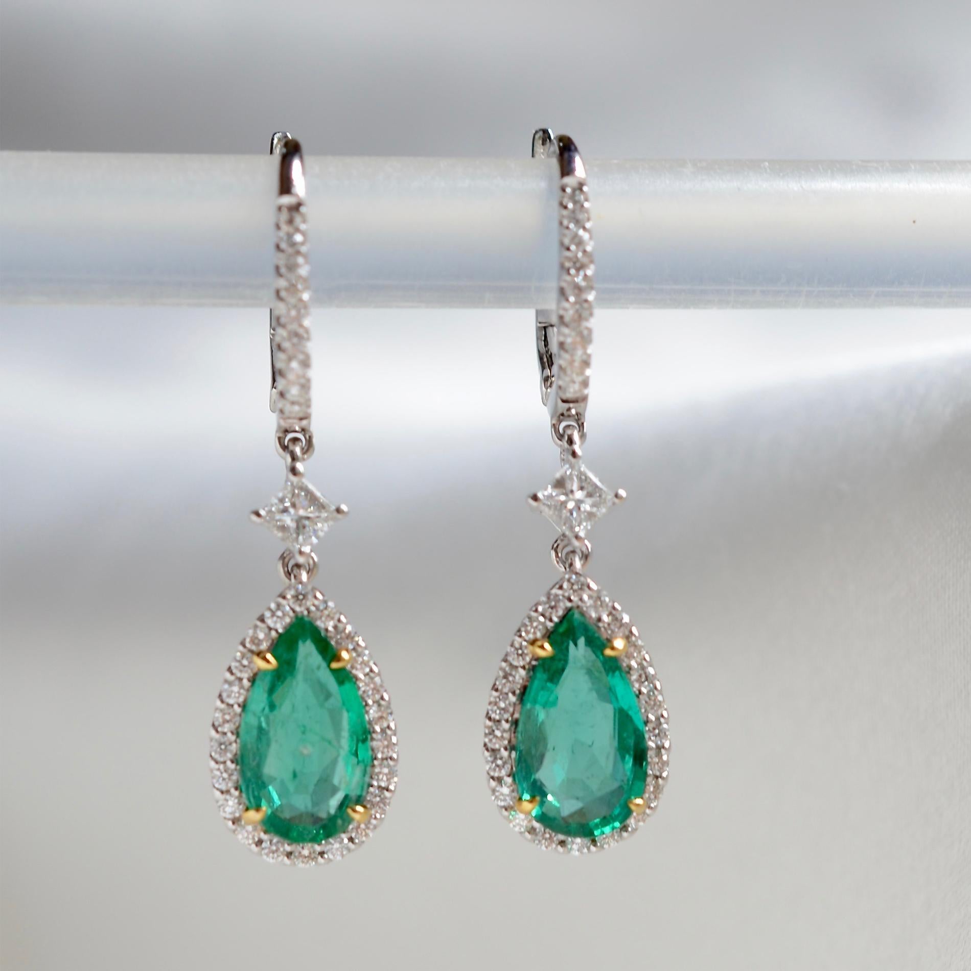 Women's 18k White Gold, Zambian Emerald & Diamond Earrings For Sale
