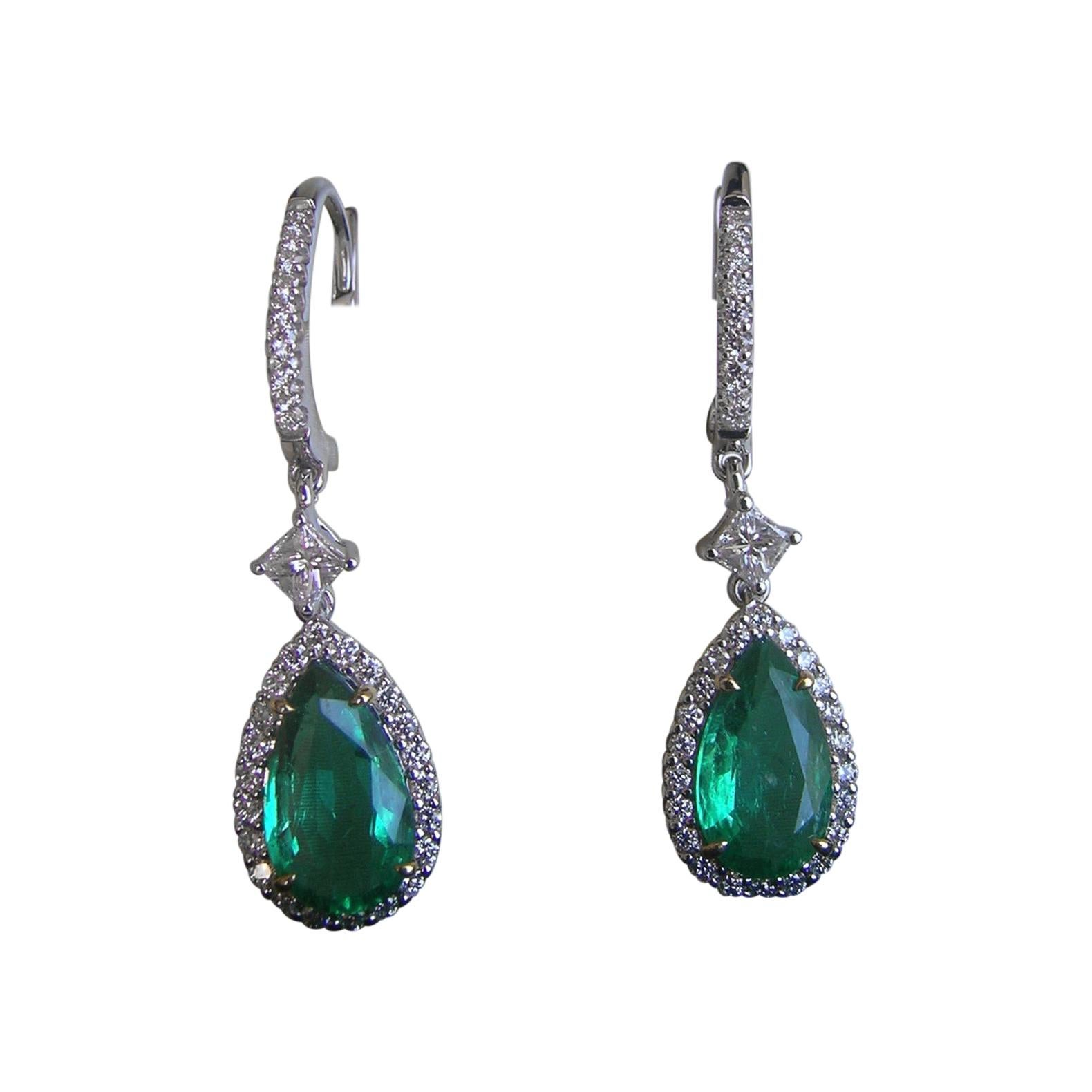 18k White Gold, Zambian Emerald & Diamond Earrings For Sale