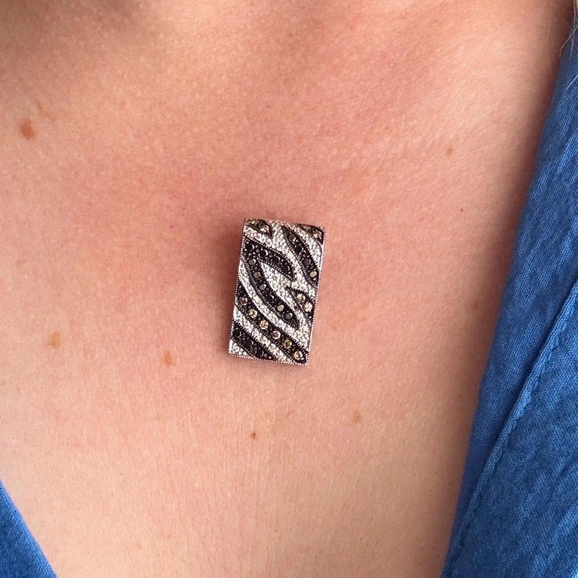 Women's 18K White Gold Zebra Stripe Black Chocolate White Diamond Slide 1.00CTW Pendant For Sale