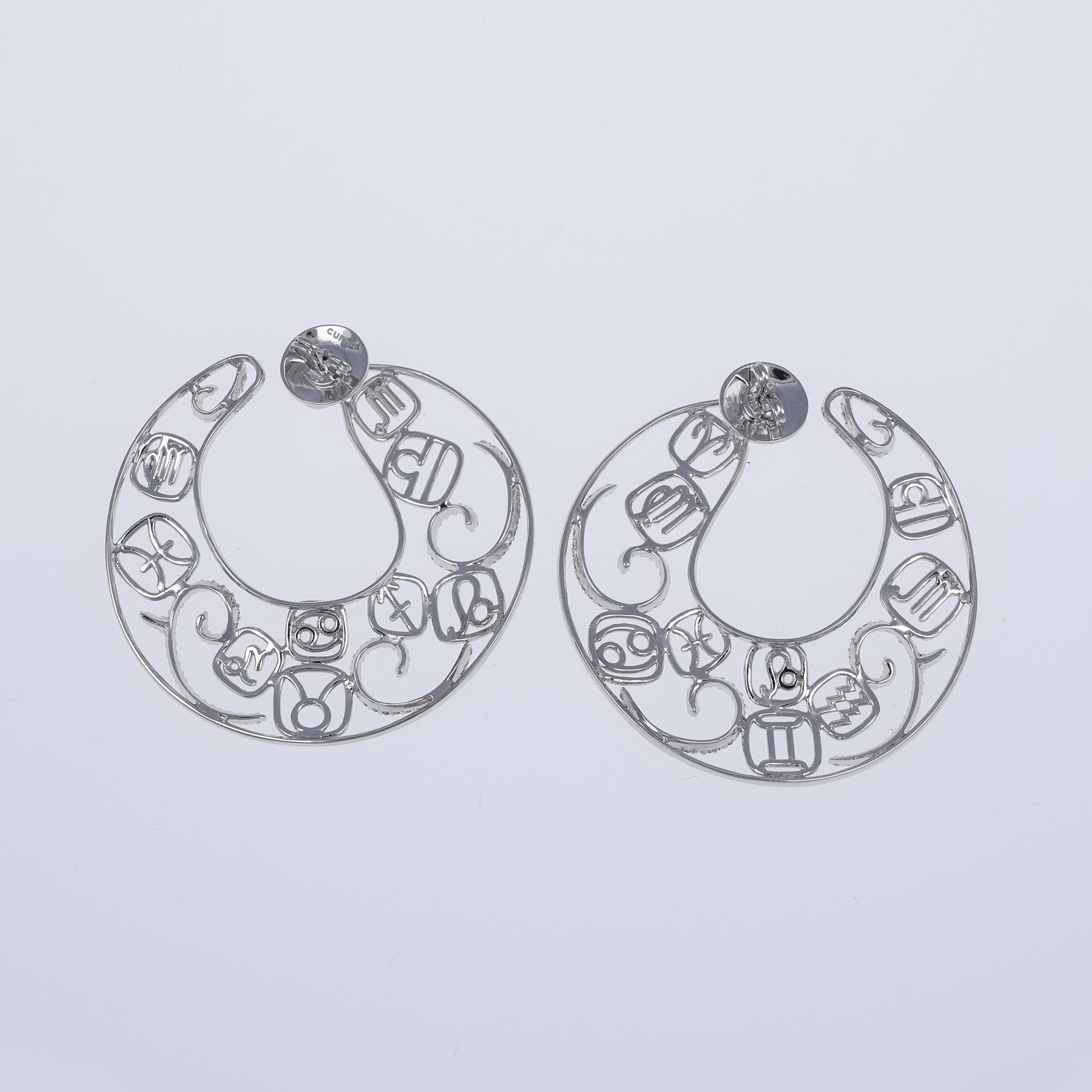 Brilliant Cut 18K White Gold Zodiac Hoop Earrings with Diamonds For Sale