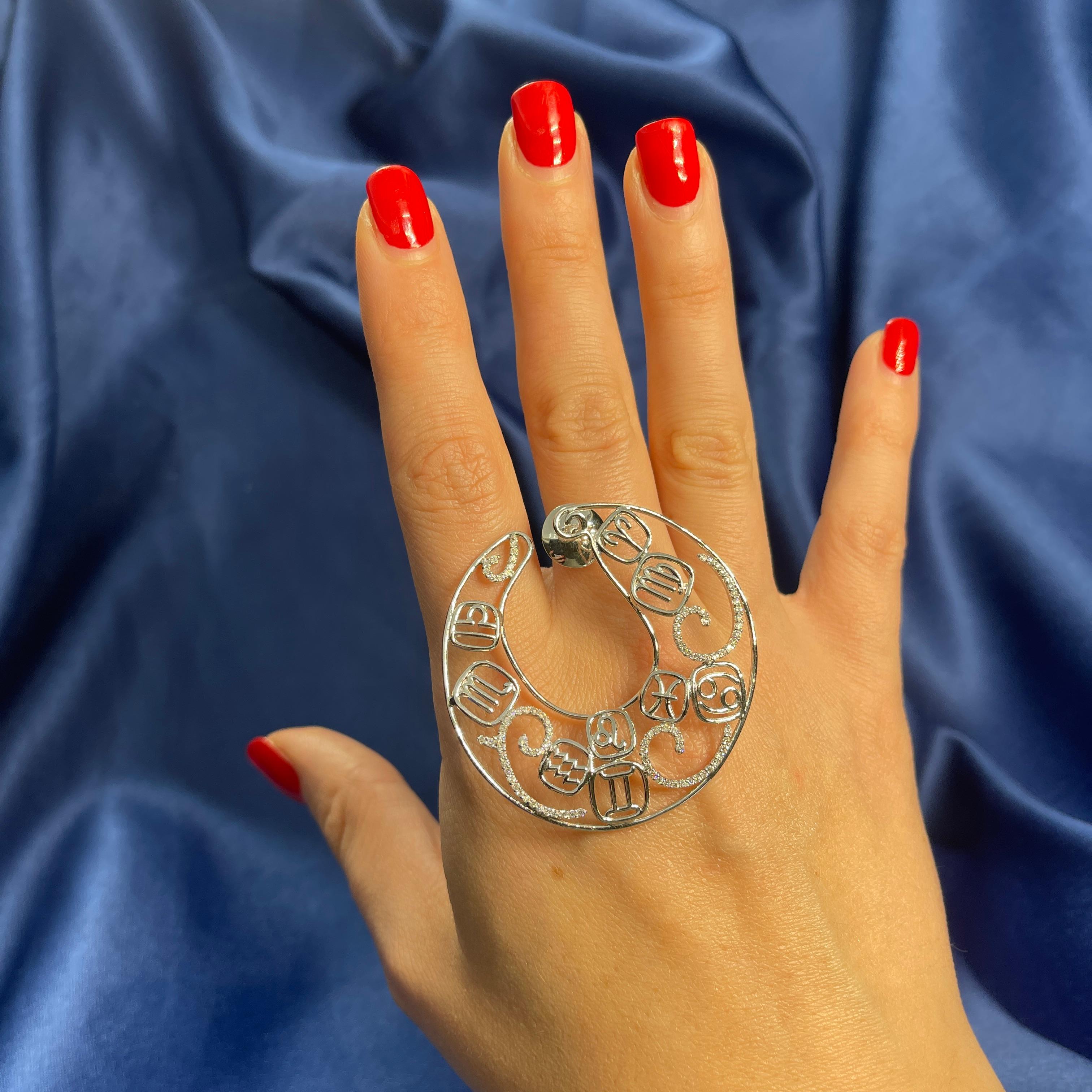 Women's or Men's 18K White Gold Zodiac Hoop Earrings with Diamonds For Sale