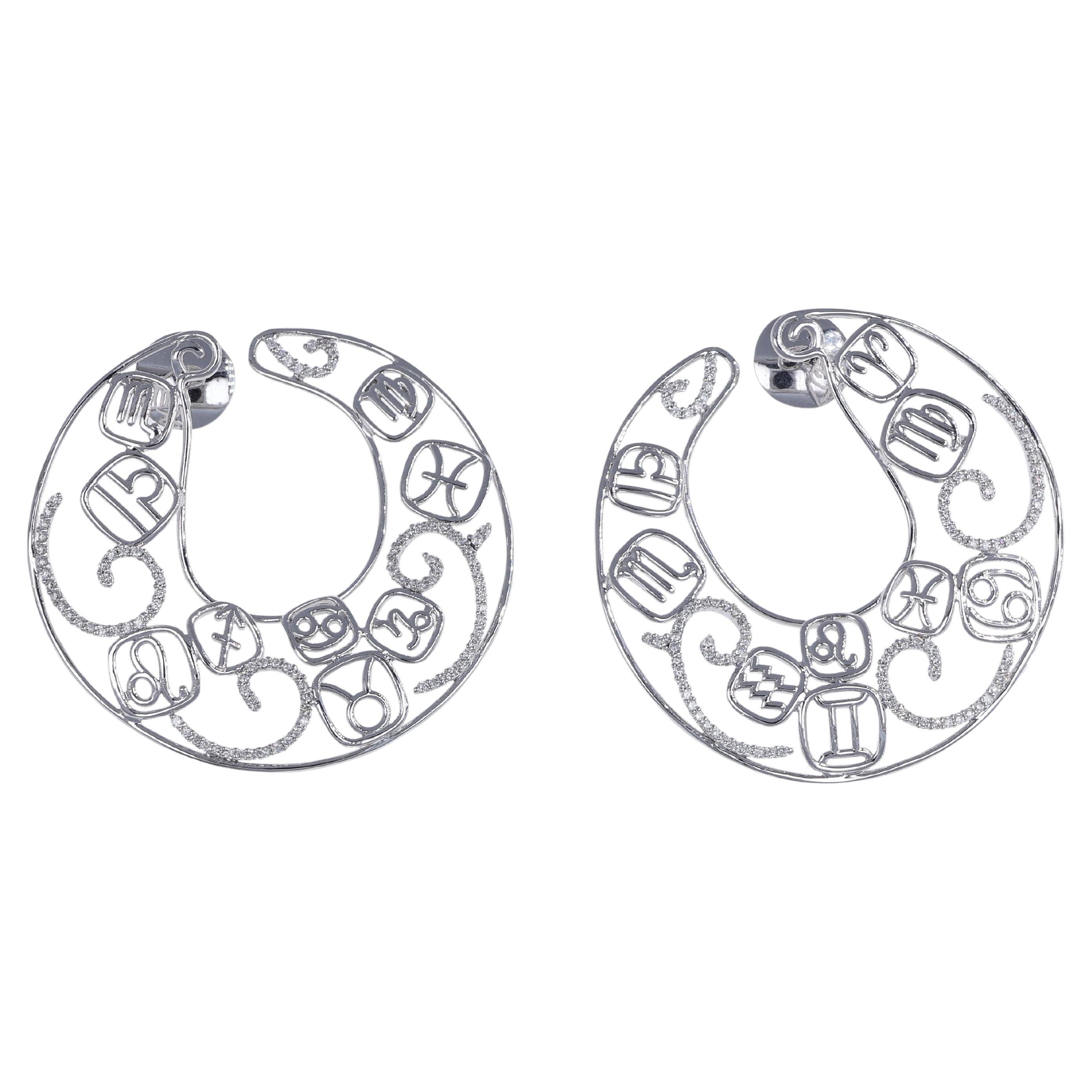 18K White Gold Zodiac Hoop Earrings with Diamonds