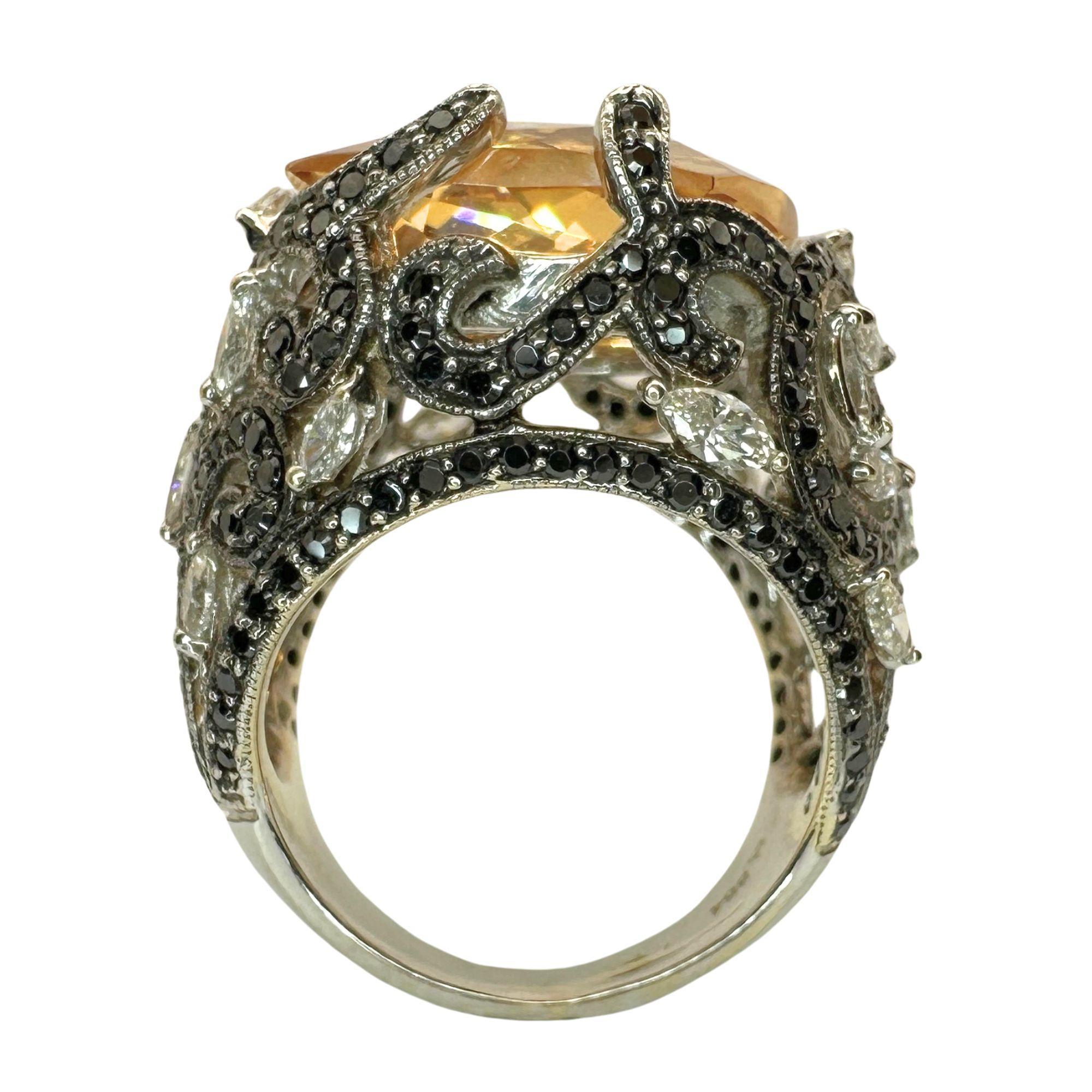 18k White Marquise Diamond and Black Diamond and Orange Stone Cocktail Ring In Good Condition For Sale In New York, NY