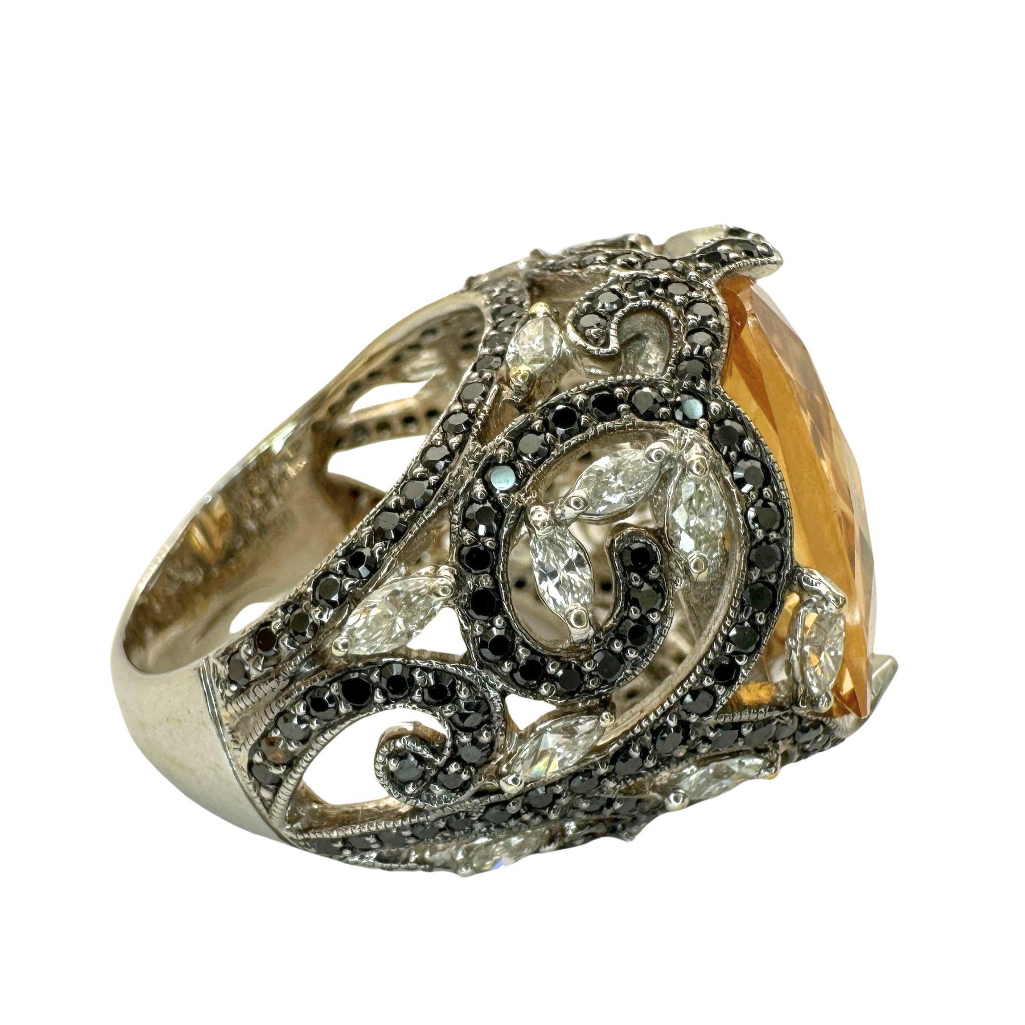 Women's 18k White Marquise Diamond and Black Diamond and Orange Stone Cocktail Ring For Sale