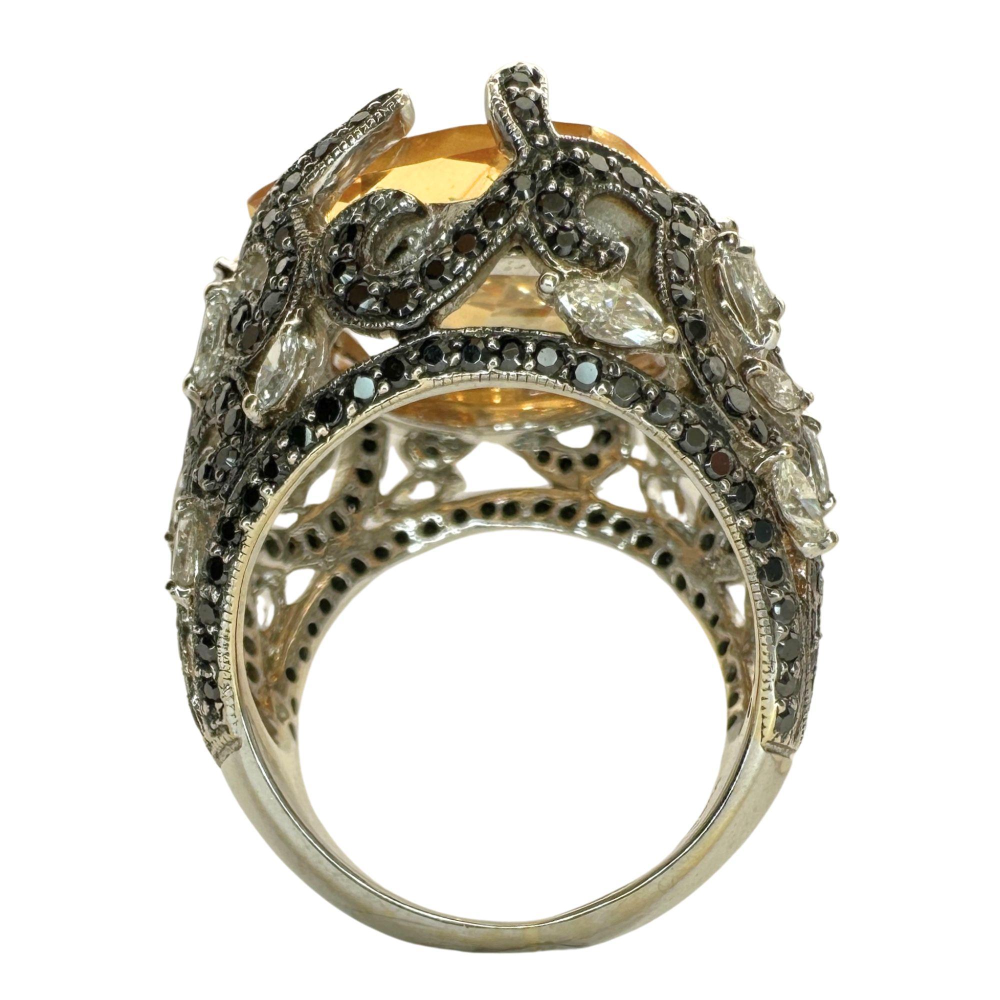 18k White Marquise Diamond and Black Diamond and Orange Stone Cocktail Ring For Sale 1