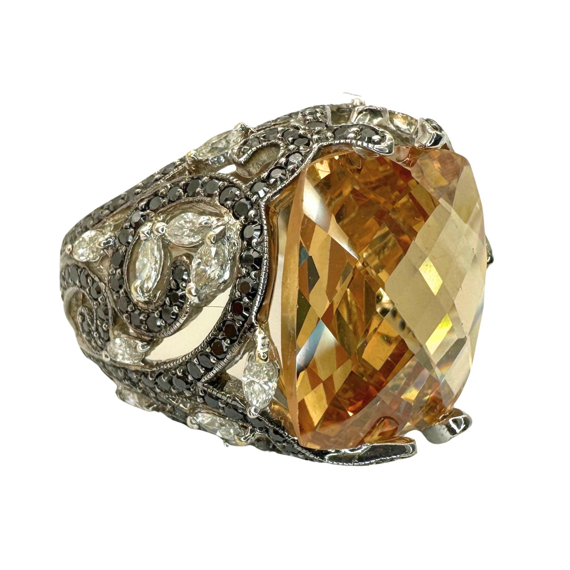 Bague de cocktail en diamant marquis blanc 18k, diamant noir et pierre orange en vente 2