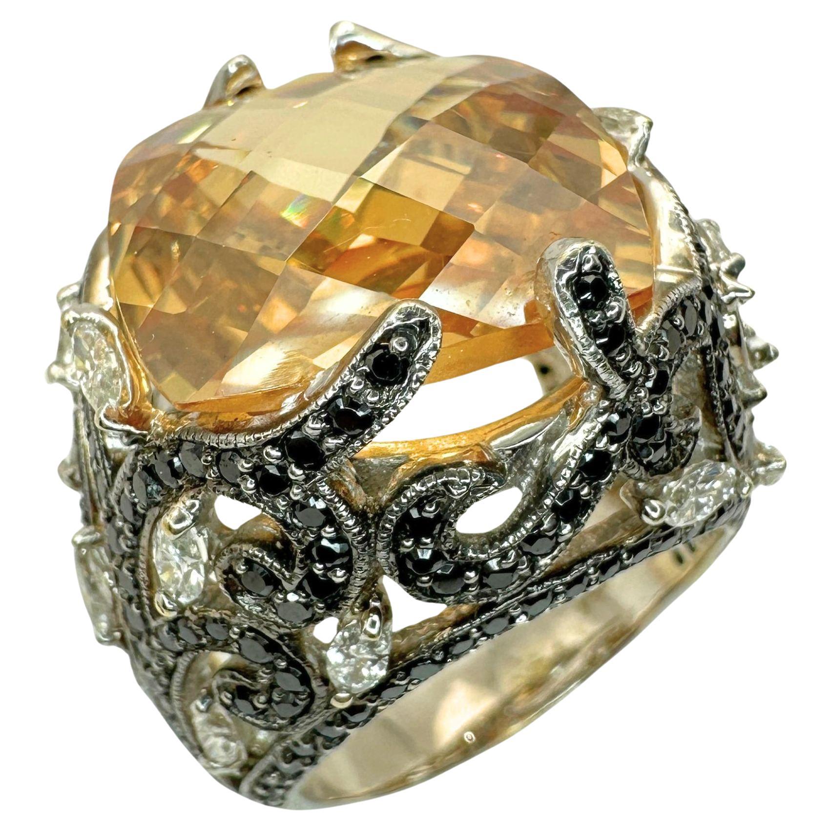 18k White Marquise Diamond and Black Diamond and Orange Stone Cocktail Ring