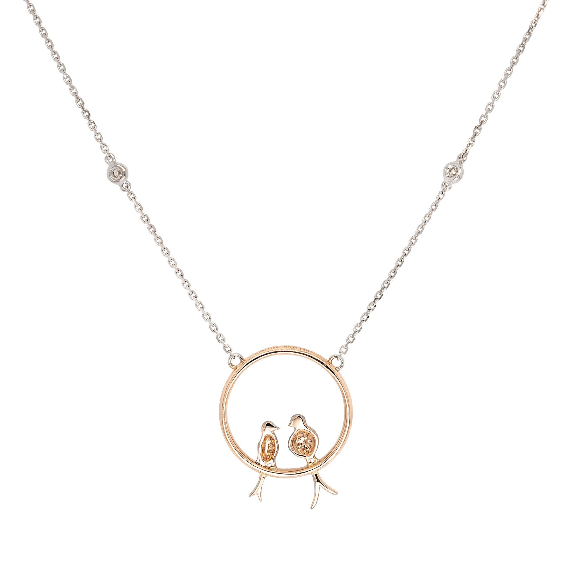 Round Cut 18k White & Pink Gold 0.39ct Two Tone Round Brilliant Diamond Love Birds Necklac For Sale