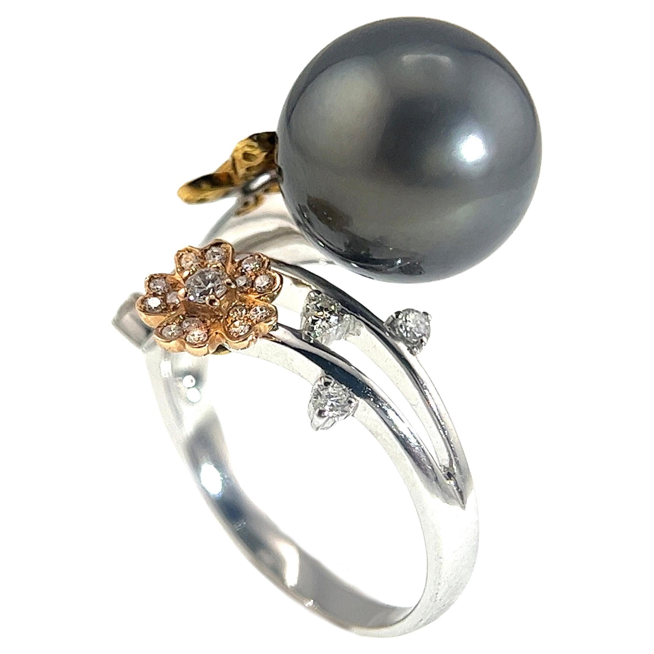 18K White & Rose Gold 12.5mm Black Pearl Butterfly & Flower Diamond Ring