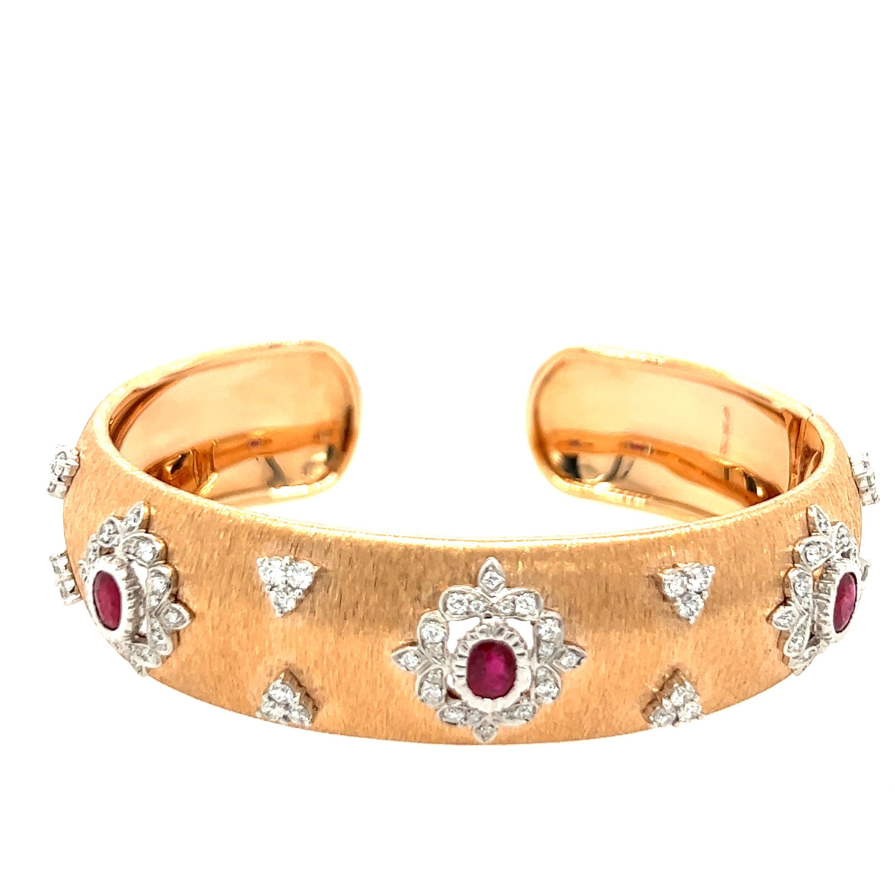 18K White & Rose Gold Artisan Ruby Diamond Bangle in Florentine Finish

18K White Gold and Rose Gold - 22.08 GM
3 Rubies - 1.37 CT
84 Diamonds - 1.04 CT

The family-owned company, Althoff Jewelry, has one mission – create elegant, luxurious and
