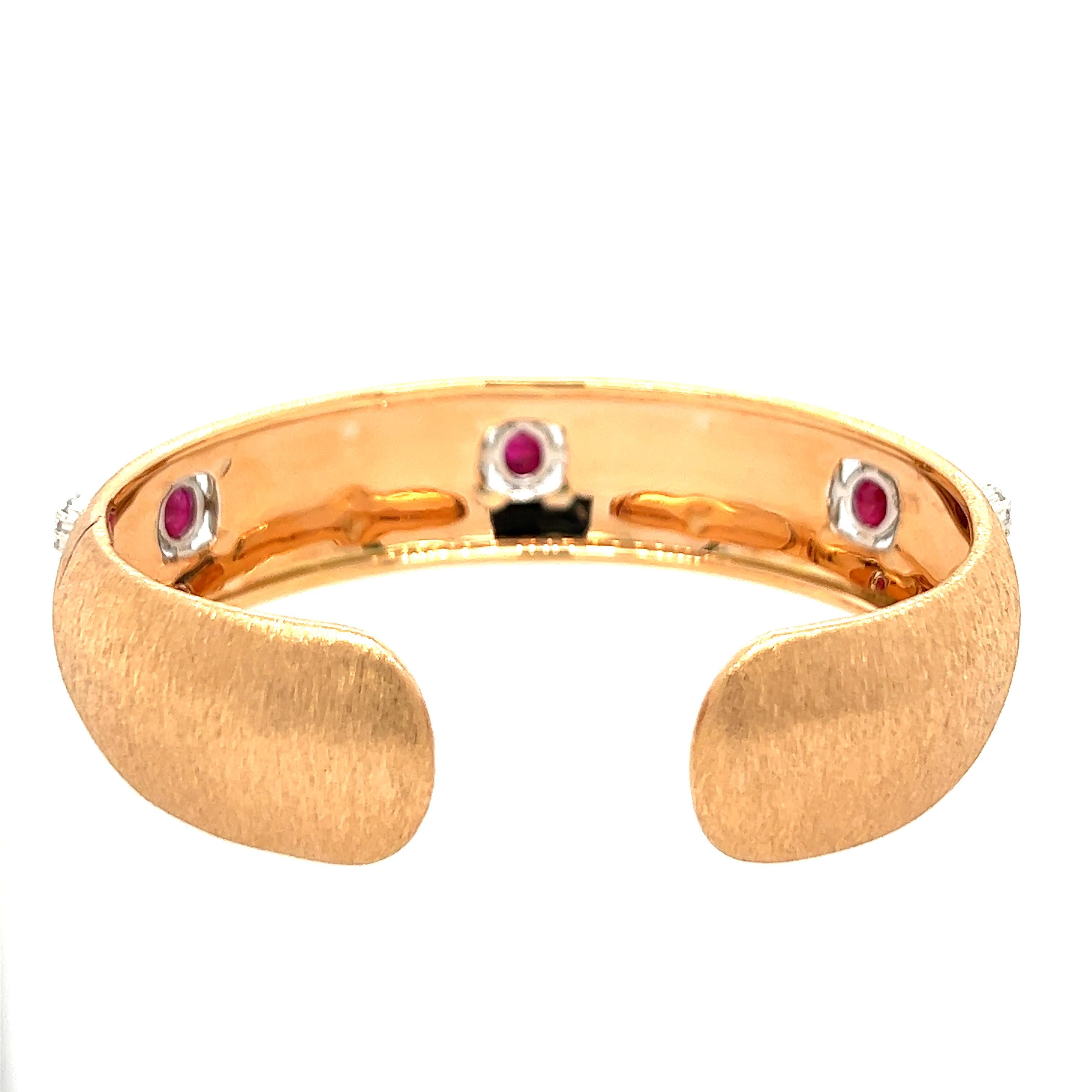 18K White & Rose Gold Artisan Ruby Diamond Bangle in Florentine Finish In New Condition In Hong Kong, HK