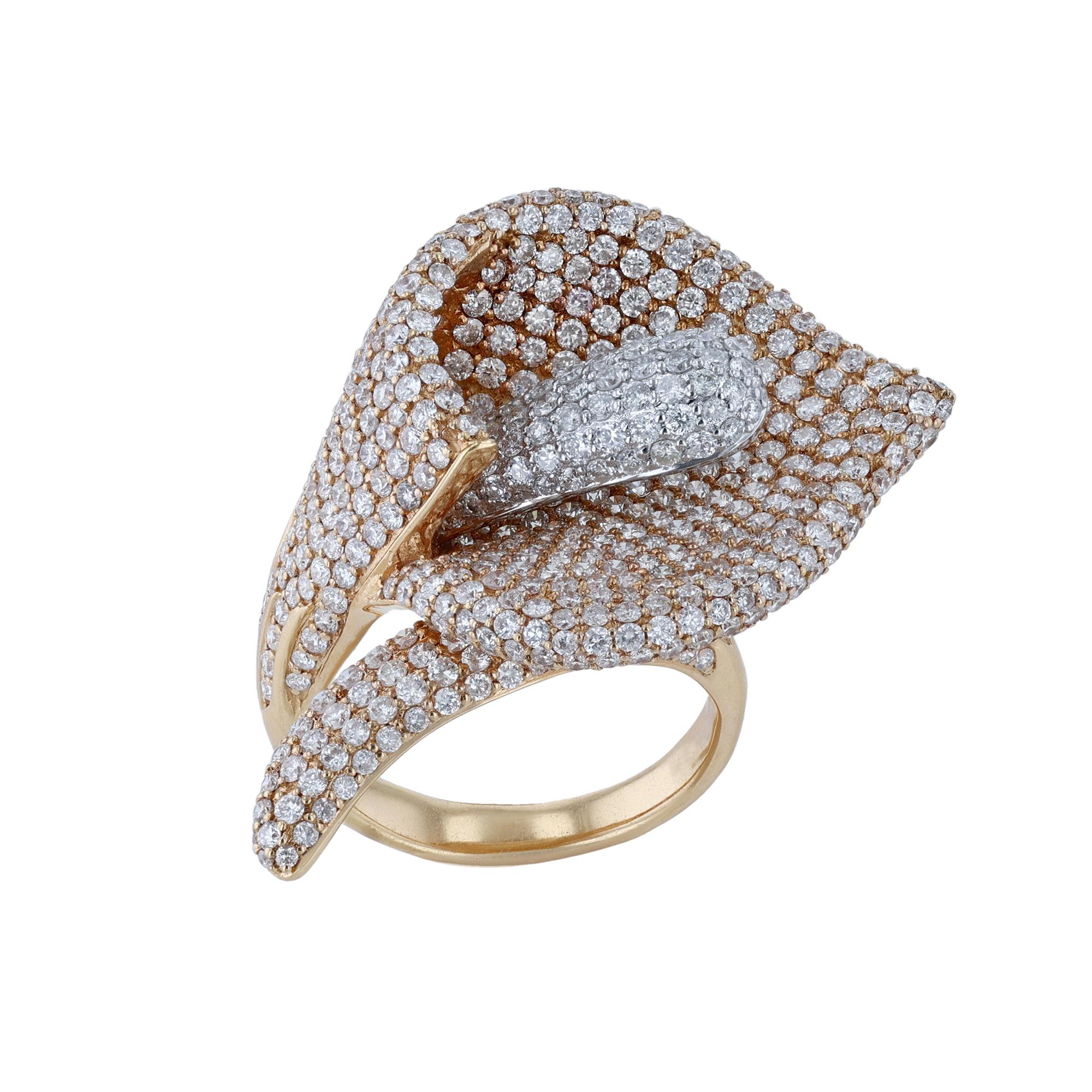 This ring is made in 18K rose and white gold and features wrapped Calla Lily. Made out of 614 pave' set, round cut diamonds weighing 5.50 carats. With a color grade (H) and clarity grade (SI2). 