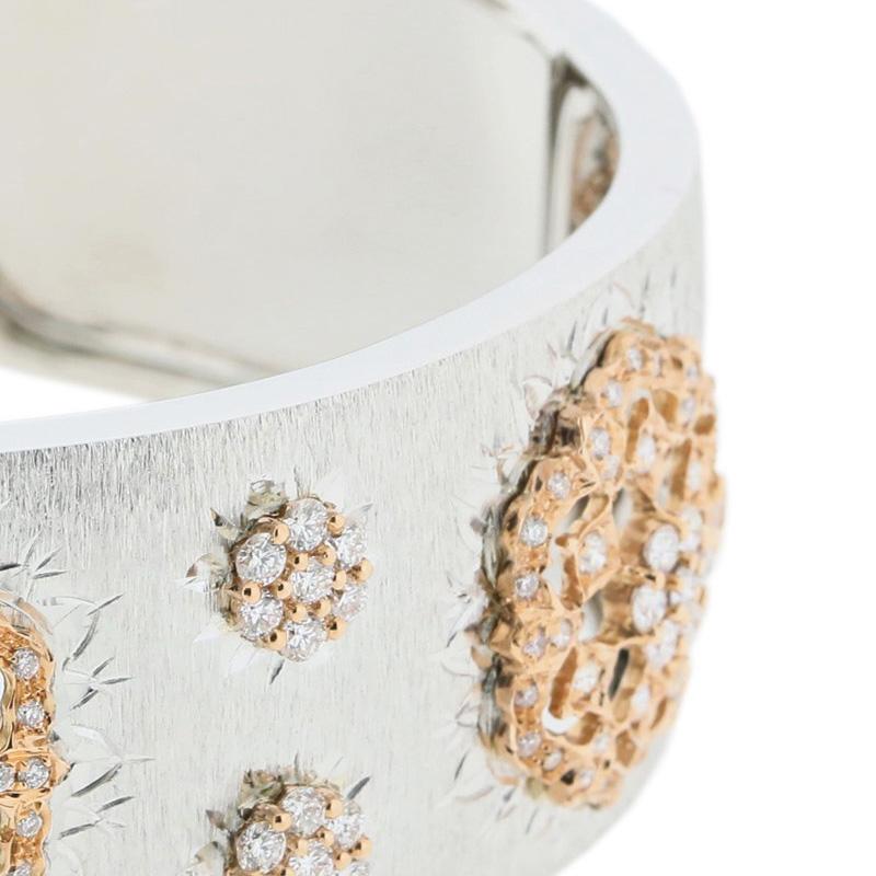 Artisan 18K White & Rose Gold Diamond Openwork Art Bangle Bracelet in Florentine Finish