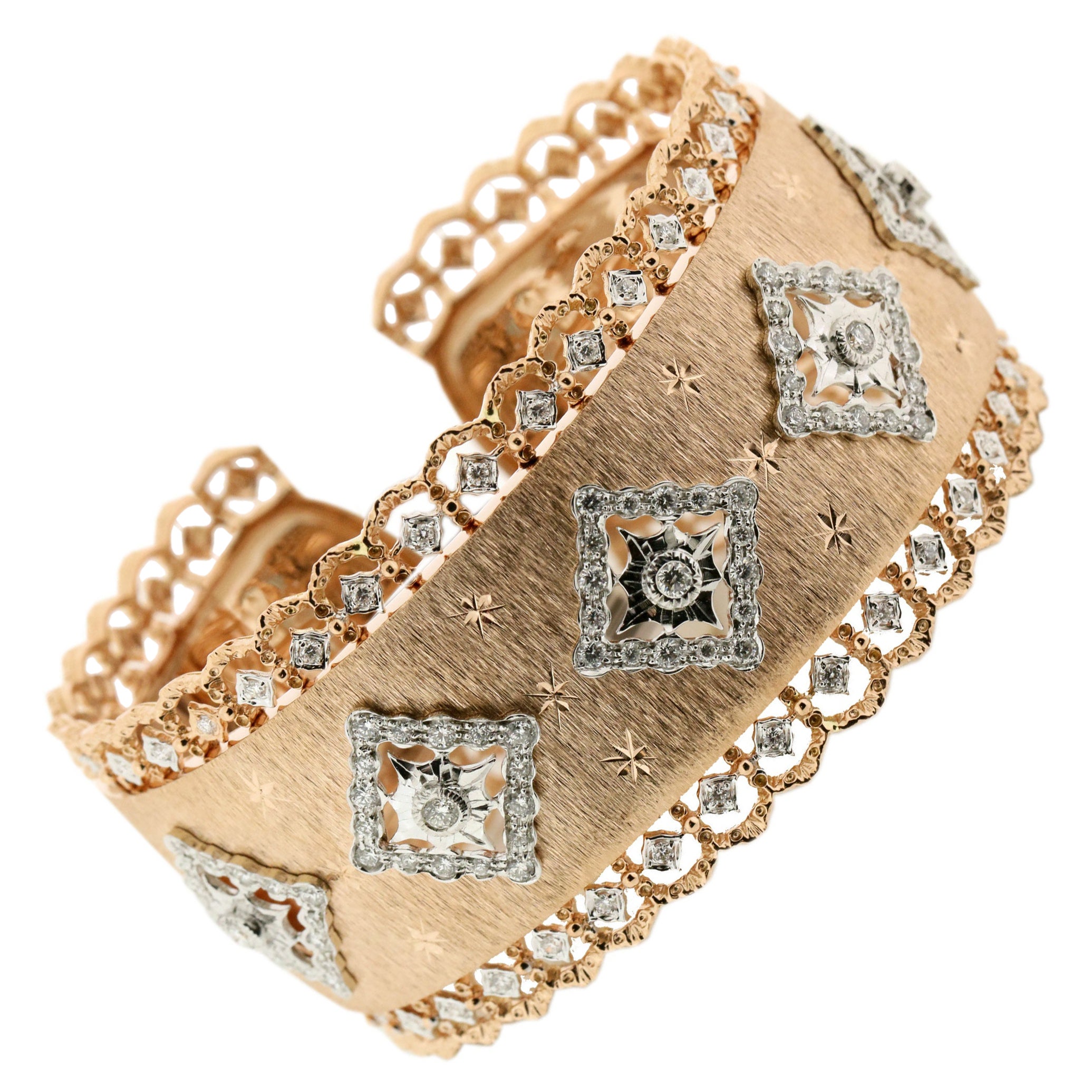 18 Karat Weiß- und Roségold Diamant-Armreif mit durchbrochener Kunst in florentinischem Finish