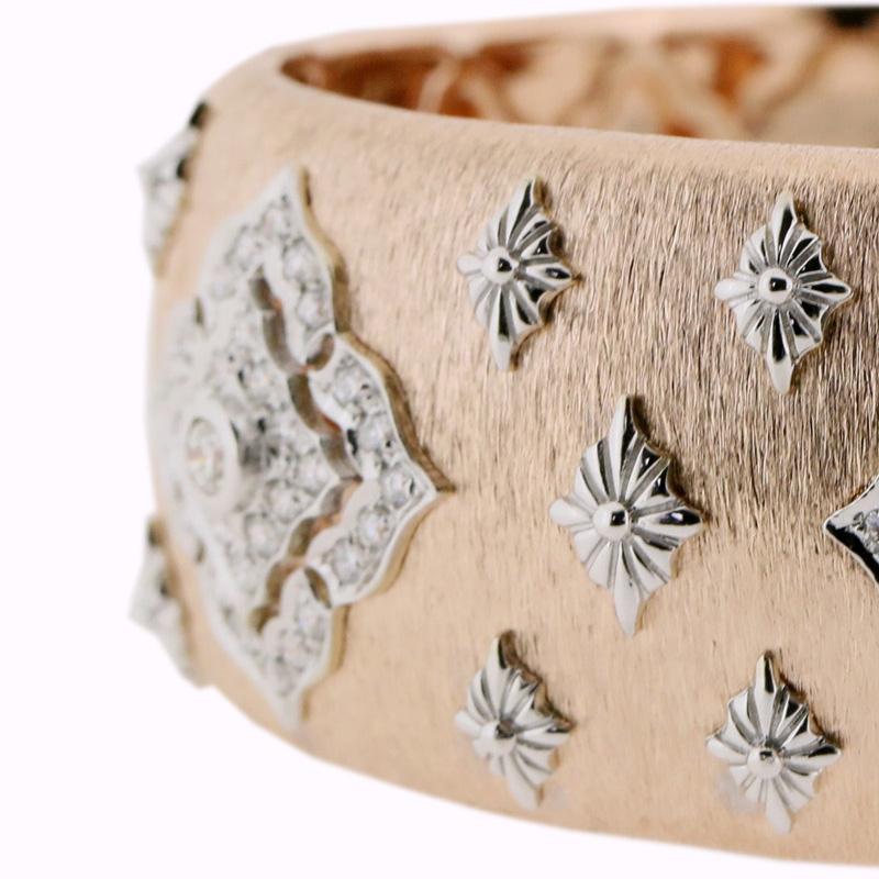Artisan 18K White & Rose Gold Diamond Openwork Bangle Bracelet in Florentine Finish