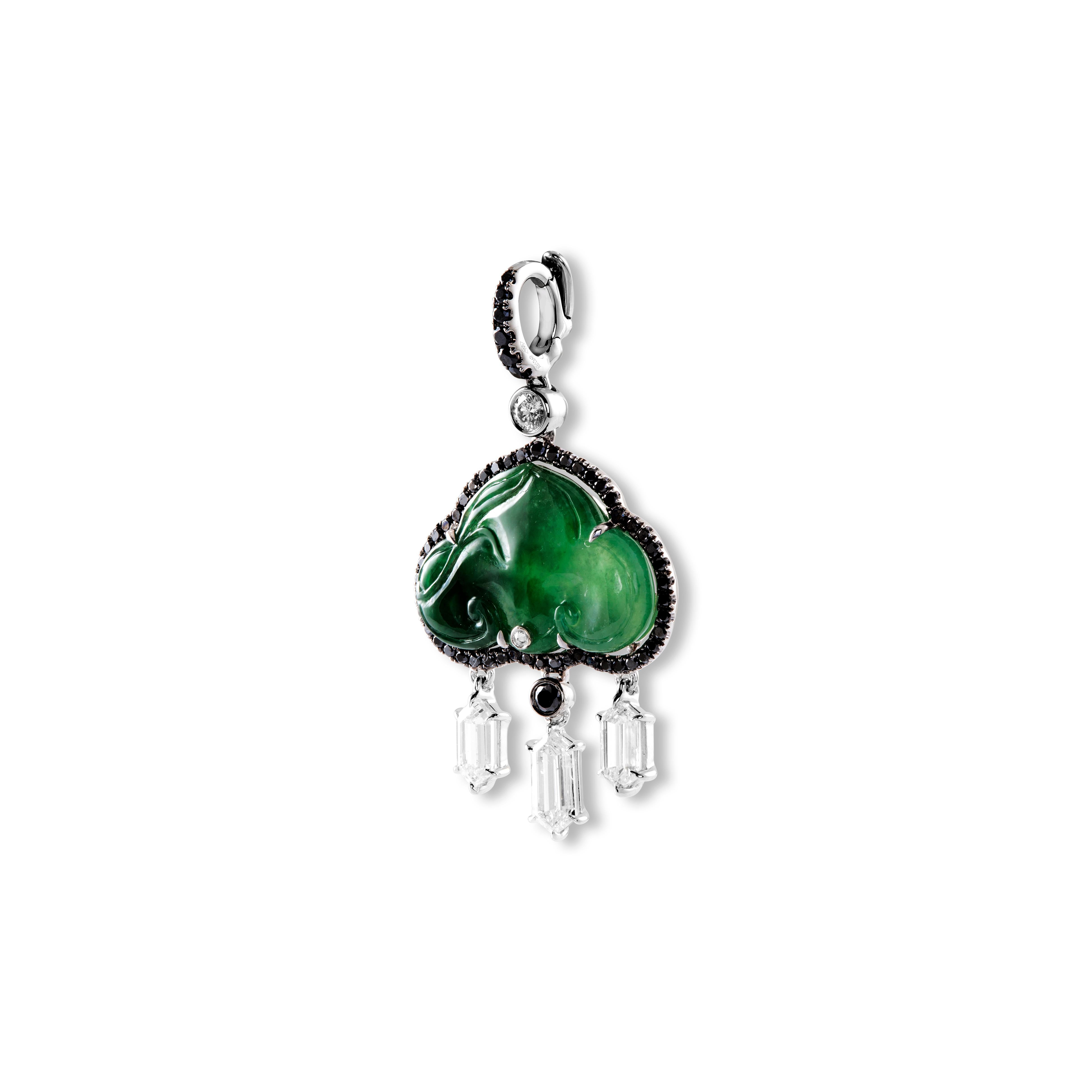 White and Black Diamonds 1.23 cts, 1 Green Clouds Jade 5.67 cts 
