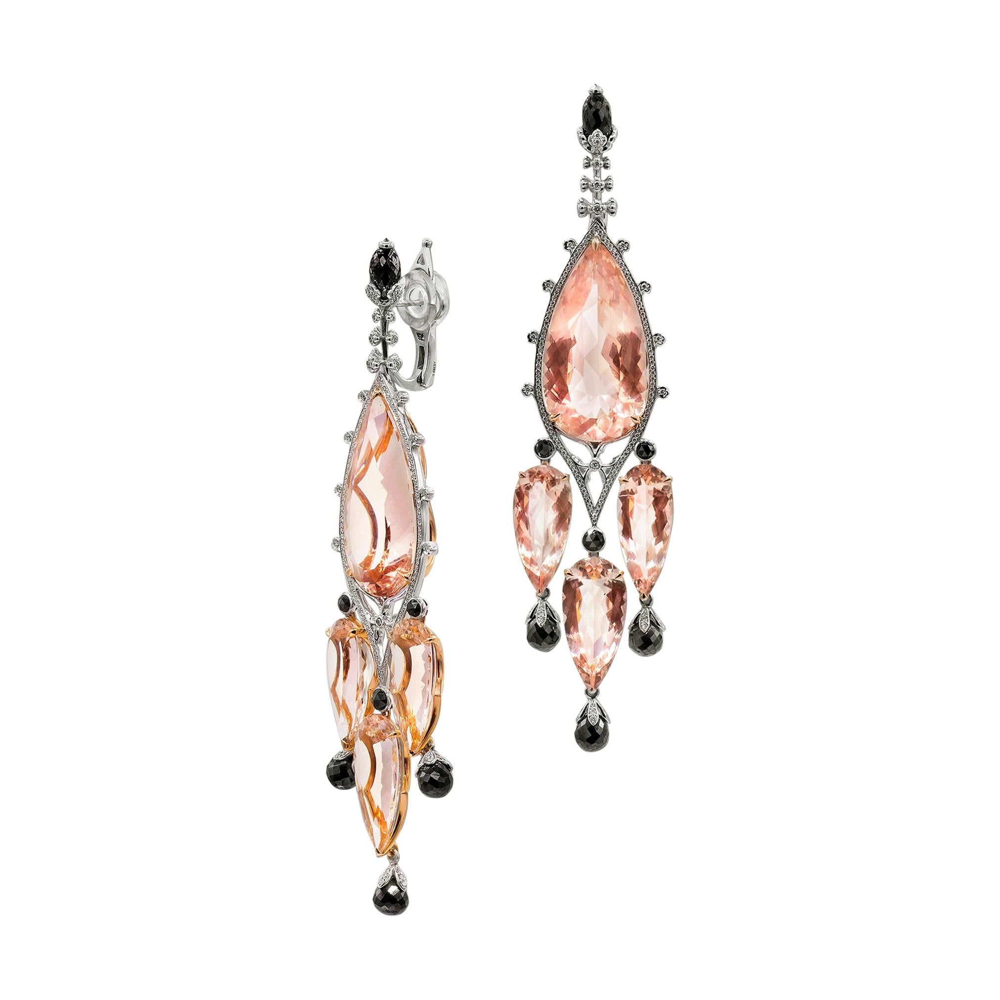 Boucles d'oreilles en or blanc et rose 18 carats, diamants, morganites et morganites